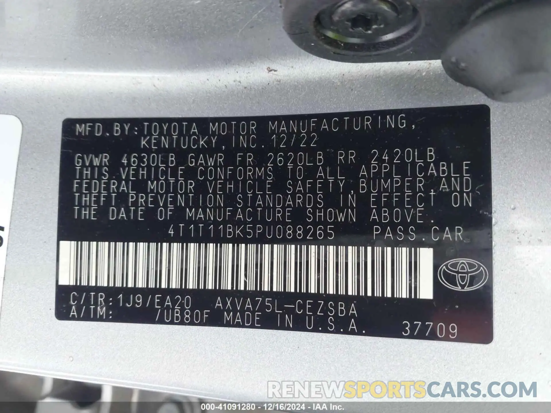 9 fotografías del automóvil dañado 4T1T11BK5PU088265 TOYOTA CAMRY 2023