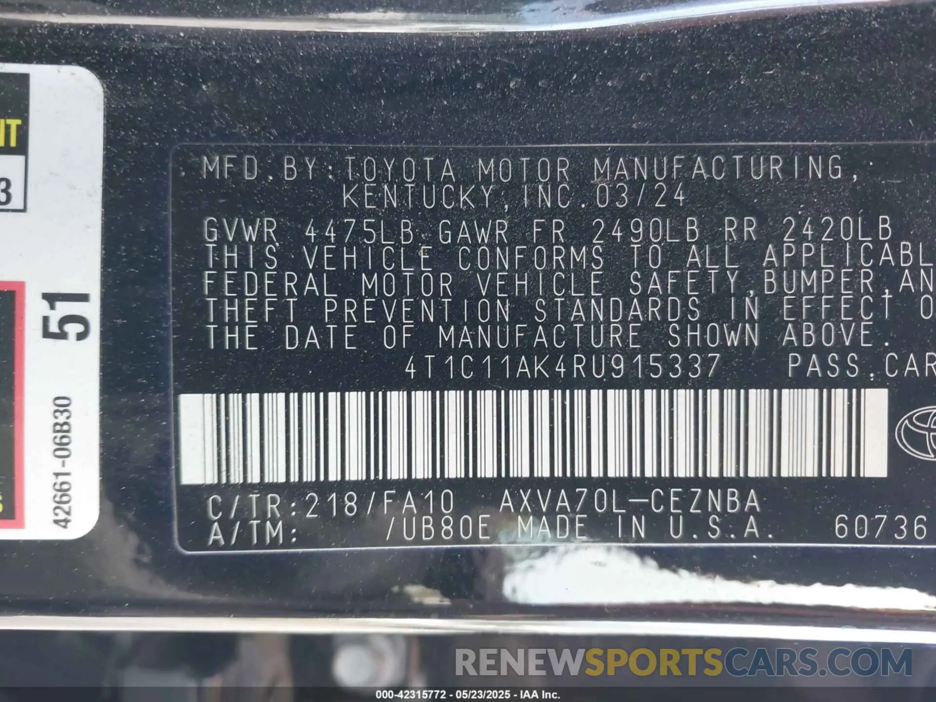 9 fotografías del automóvil dañado 4T1C11AK4RU915337 TOYOTA CAMRY 2024