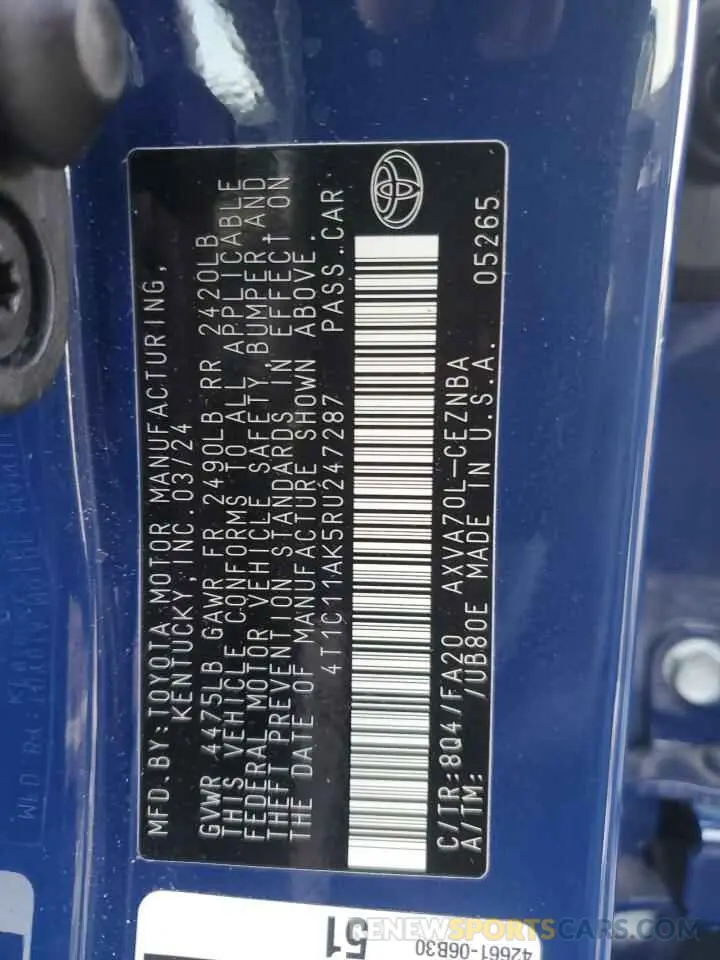 12 fotografías del automóvil dañado 4T1C11AK5RU247287 TOYOTA CAMRY 2024