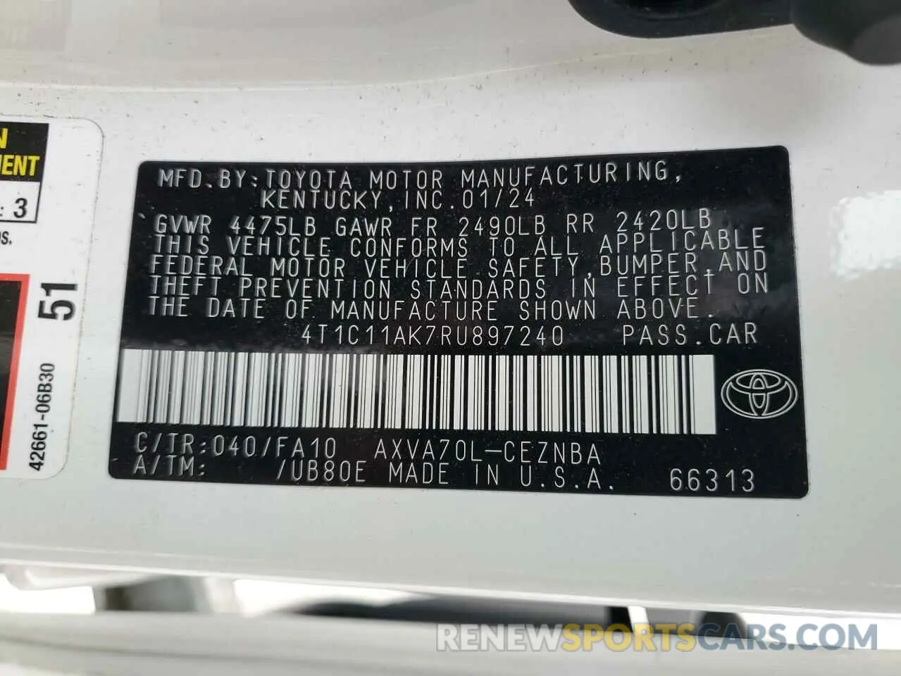 12 fotografías del automóvil dañado 4T1C11AK7RU897240 TOYOTA CAMRY 2024