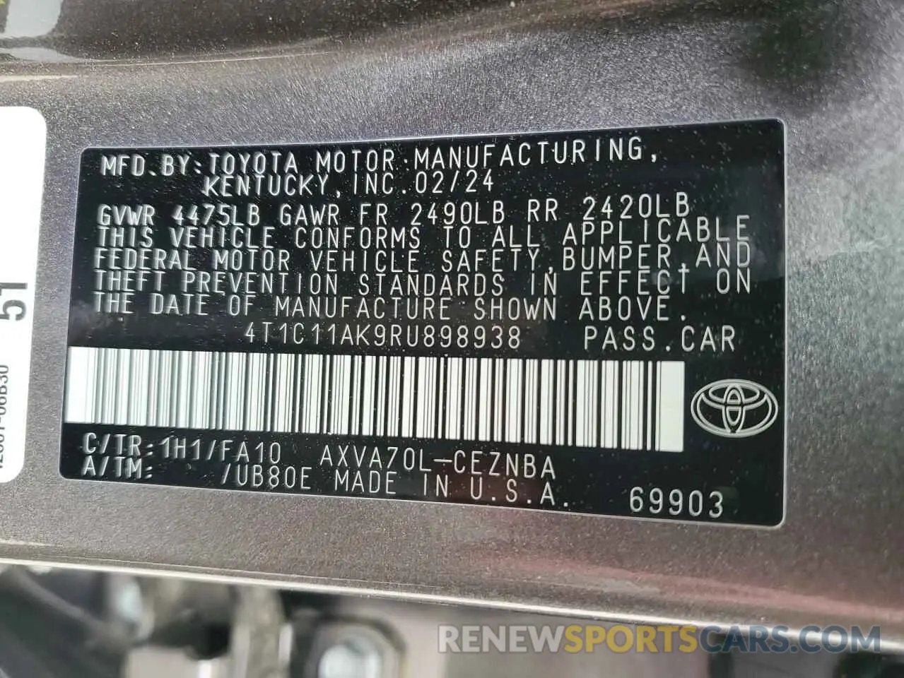 12 fotografías del automóvil dañado 4T1C11AK9RU898938 TOYOTA CAMRY 2024