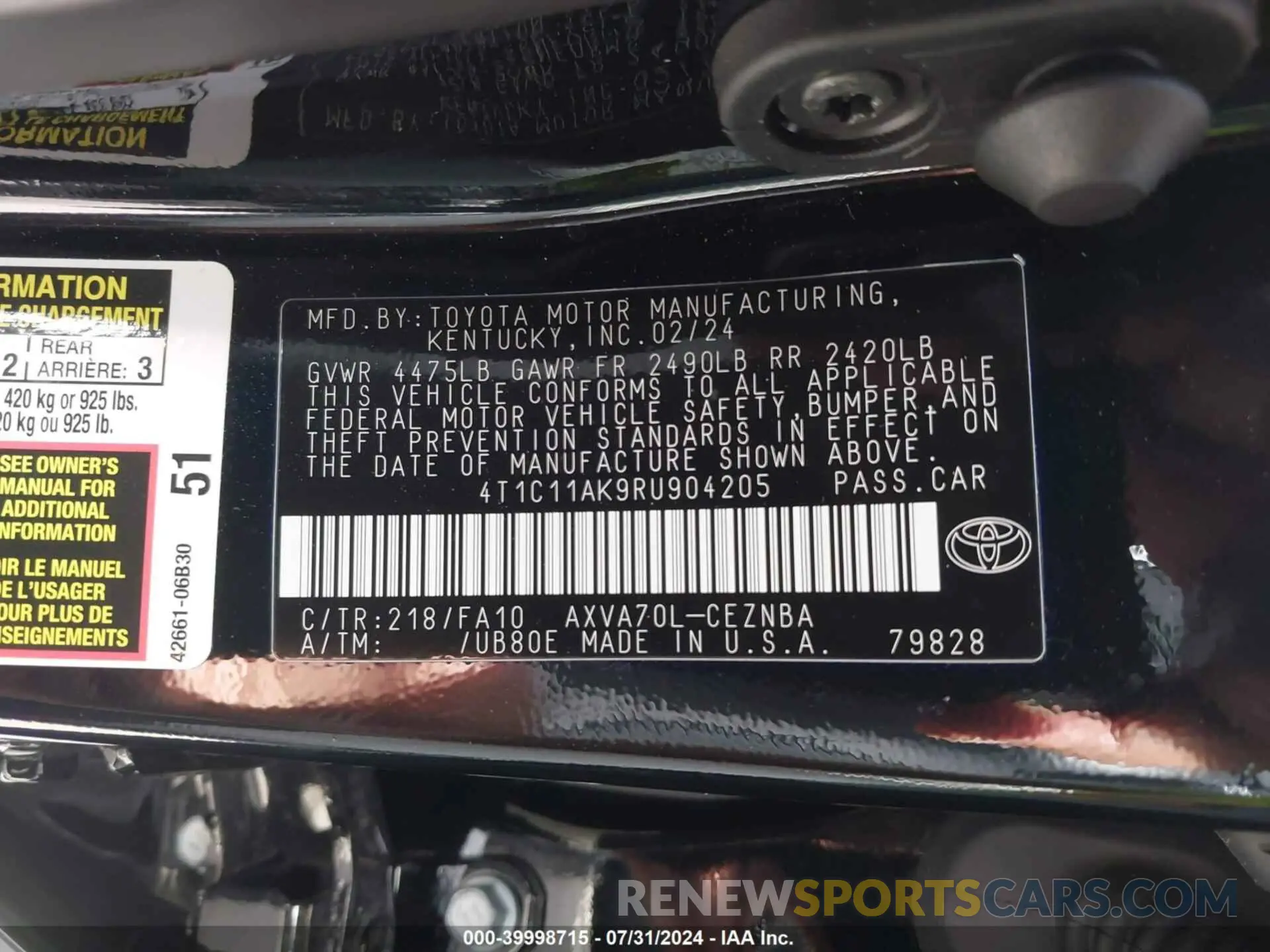 9 fotografías del automóvil dañado 4T1C11AK9RU904205 TOYOTA CAMRY 2024