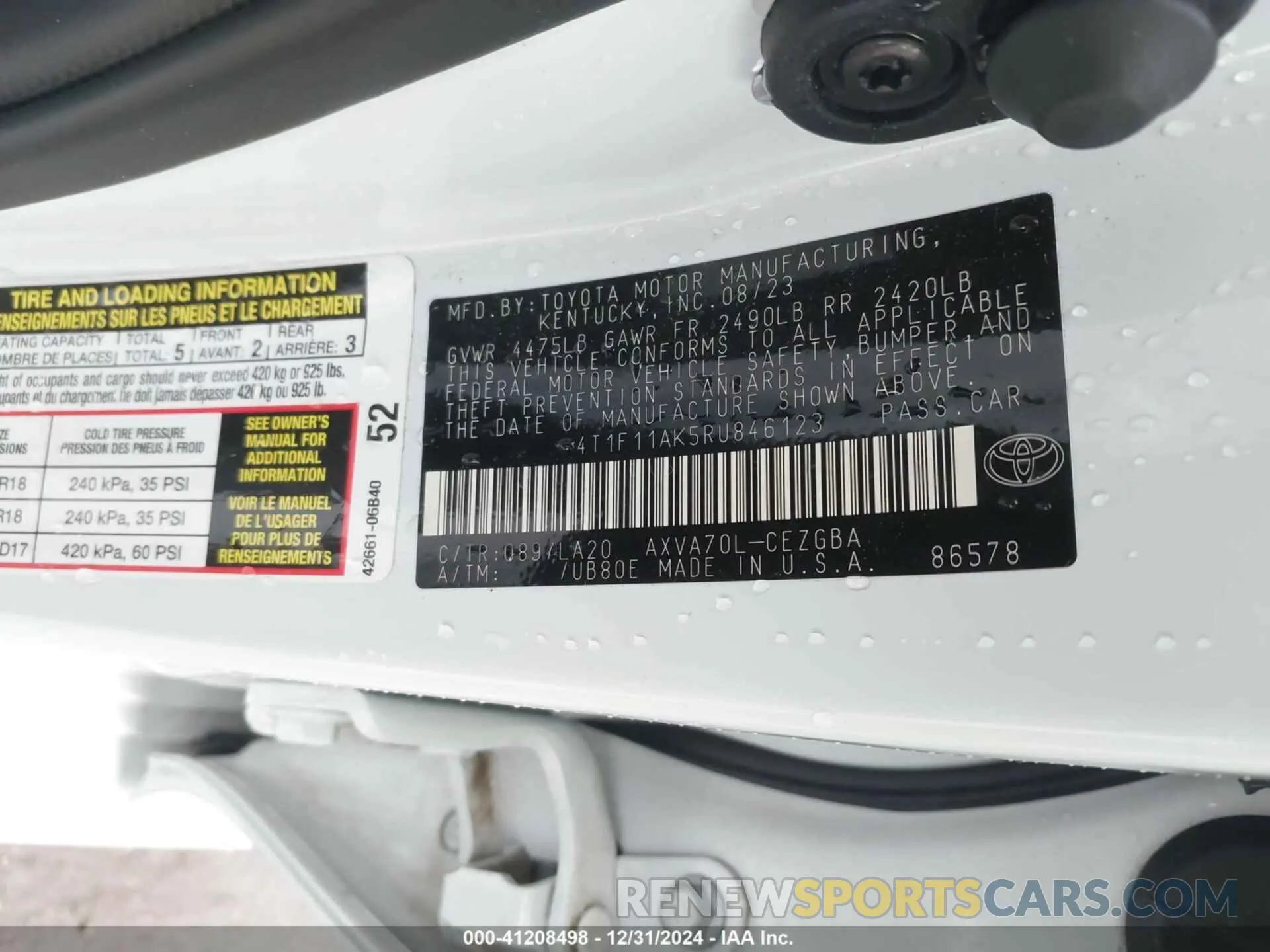 9 fotografías del automóvil dañado 4T1F11AK5RU846123 TOYOTA CAMRY 2024