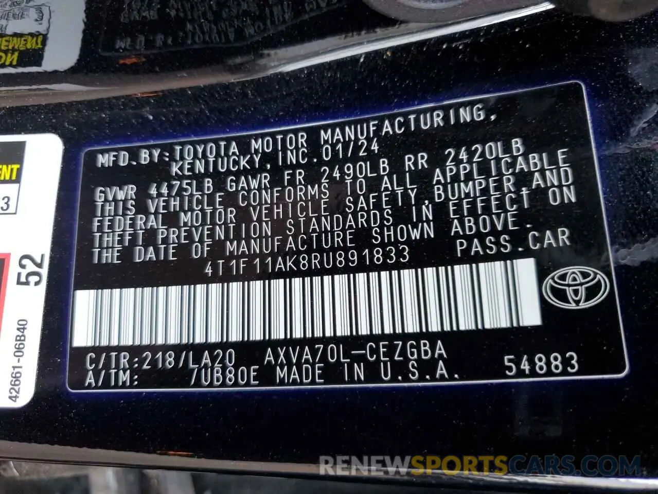 12 fotografías del automóvil dañado 4T1F11AK8RU891833 TOYOTA CAMRY 2024