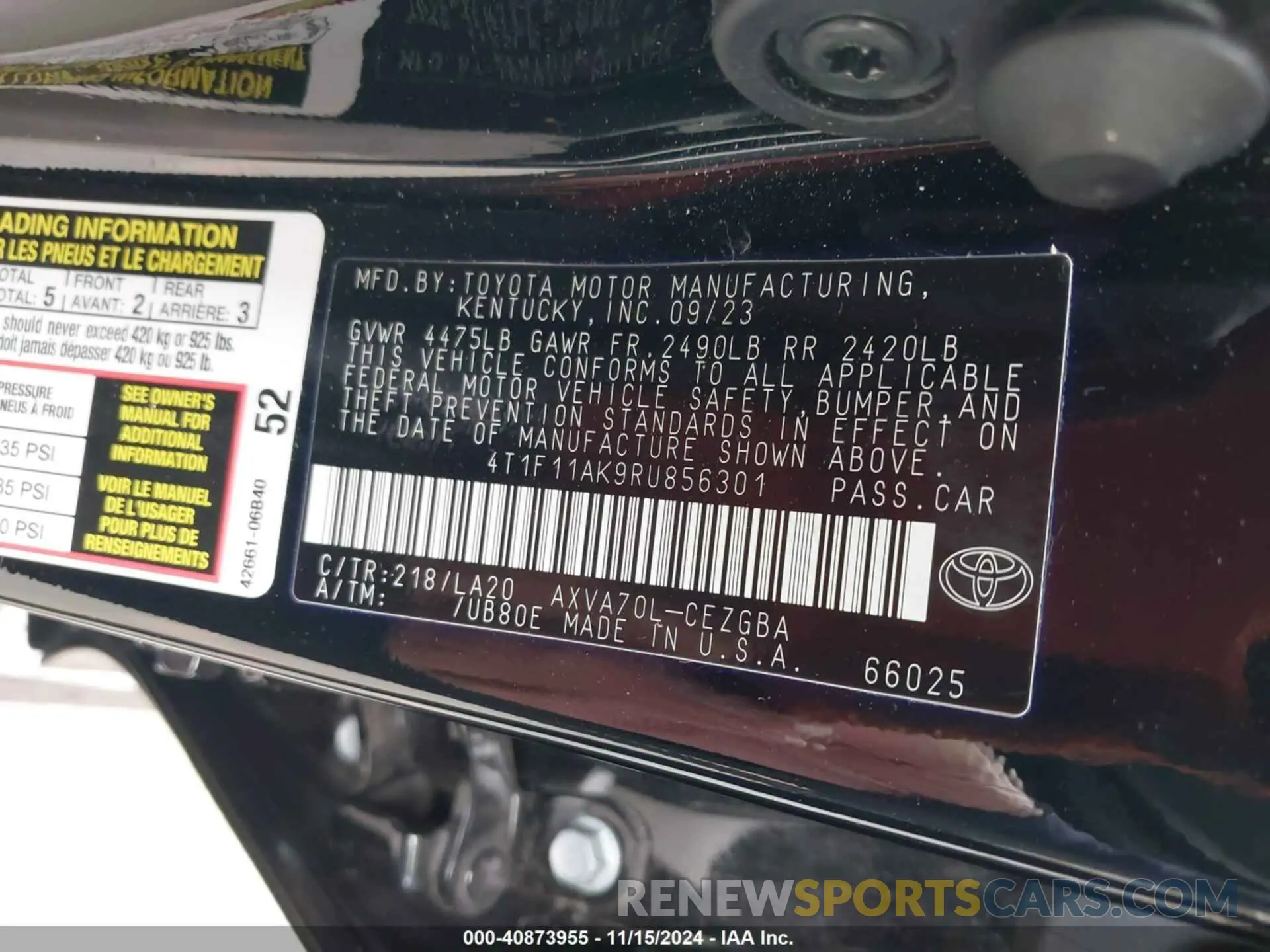 9 fotografías del automóvil dañado 4T1F11AK9RU856301 TOYOTA CAMRY 2024