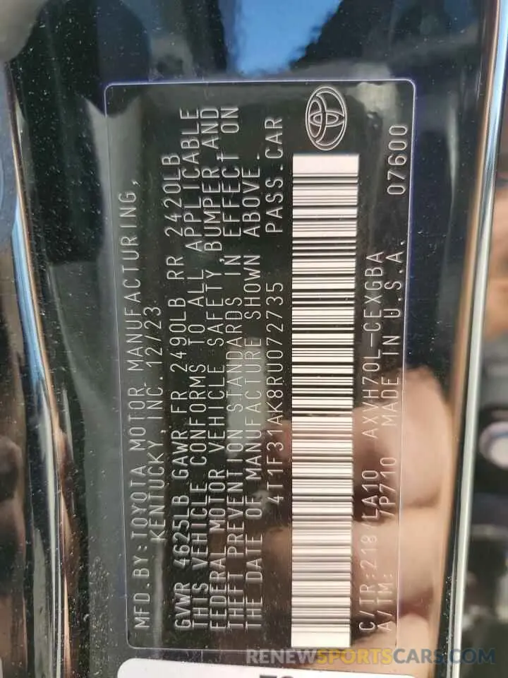 12 fotografías del automóvil dañado 4T1F31AK8RU072735 TOYOTA CAMRY 2024