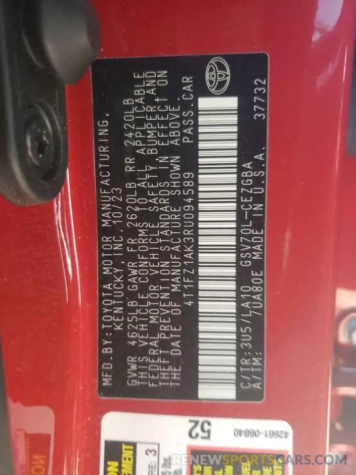12 fotografías del automóvil dañado 4T1FZ1AK3RU094589 TOYOTA CAMRY 2024