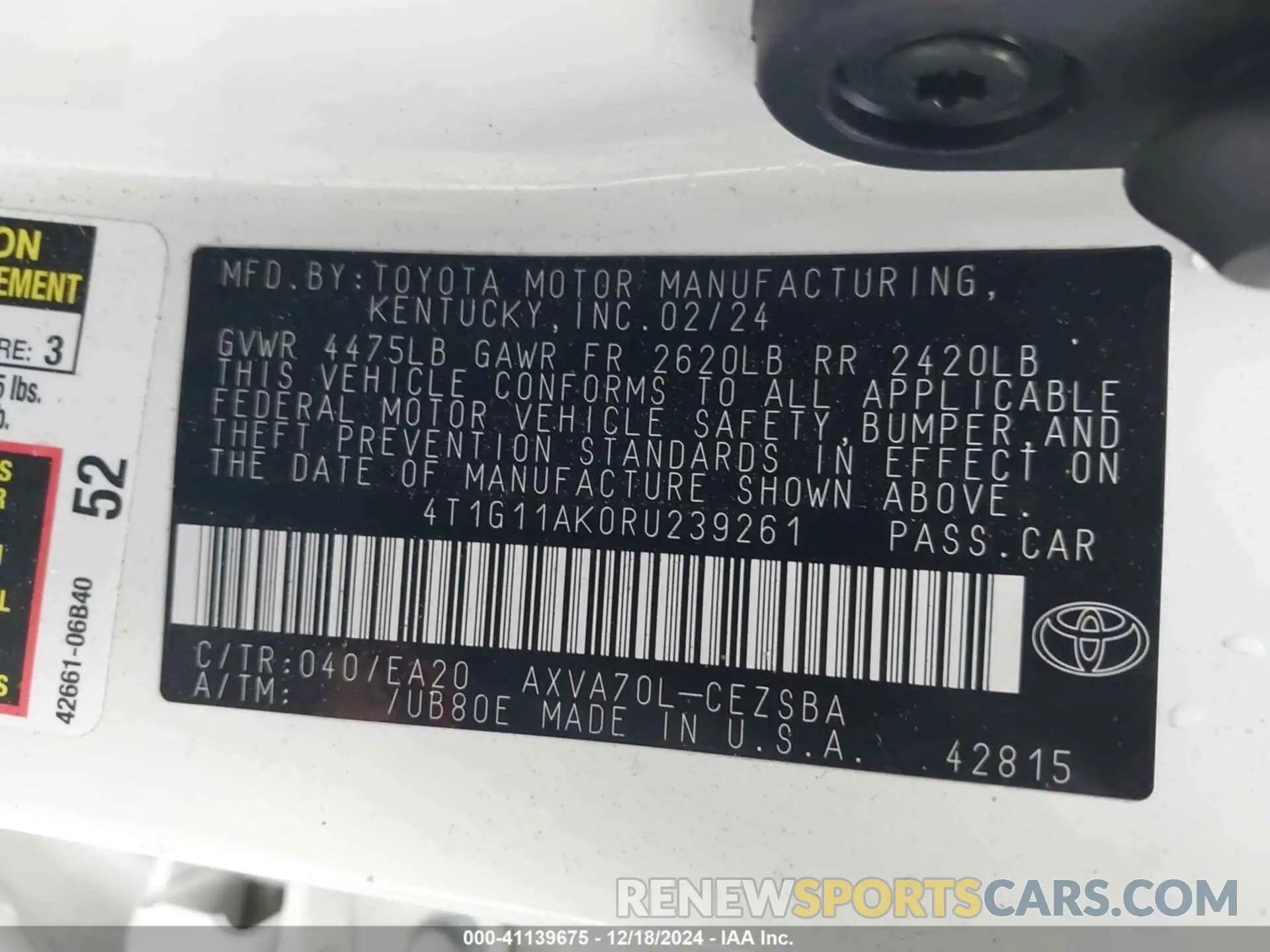 9 fotografías del automóvil dañado 4T1G11AK0RU239261 TOYOTA CAMRY 2024