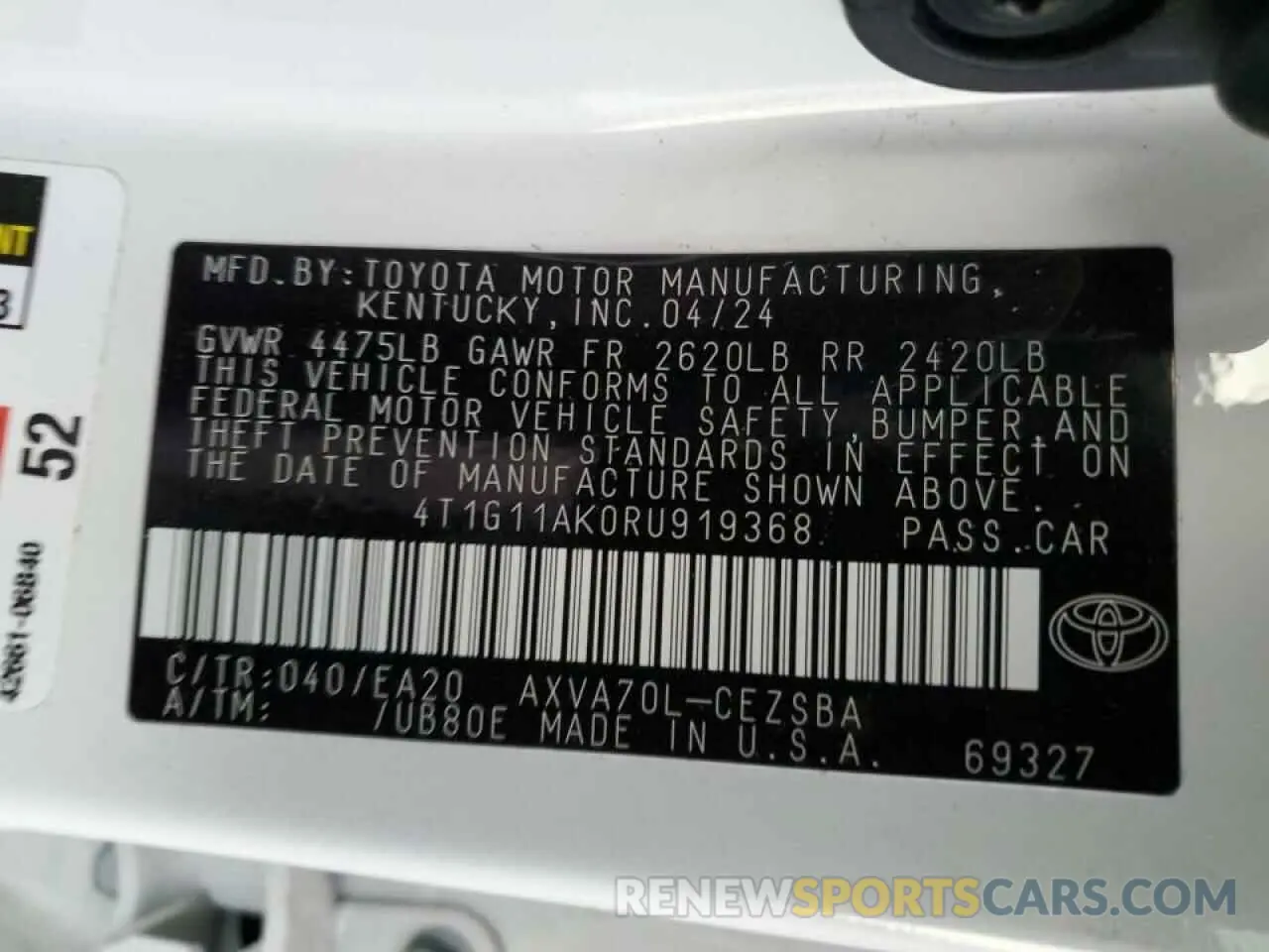 15 fotografías del automóvil dañado 4T1G11AK0RU919368 TOYOTA CAMRY 2024