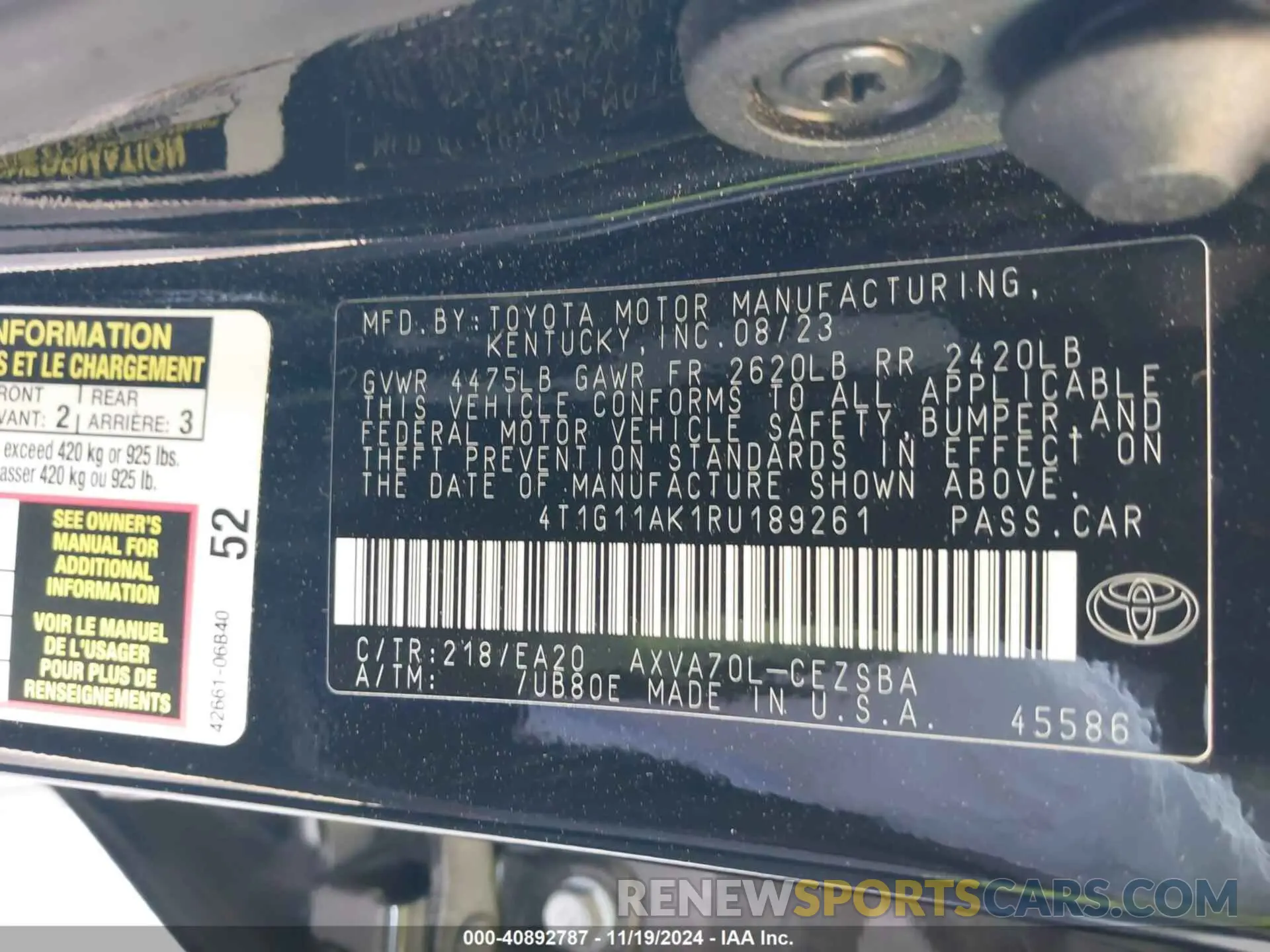 9 fotografías del automóvil dañado 4T1G11AK1RU189261 TOYOTA CAMRY 2024