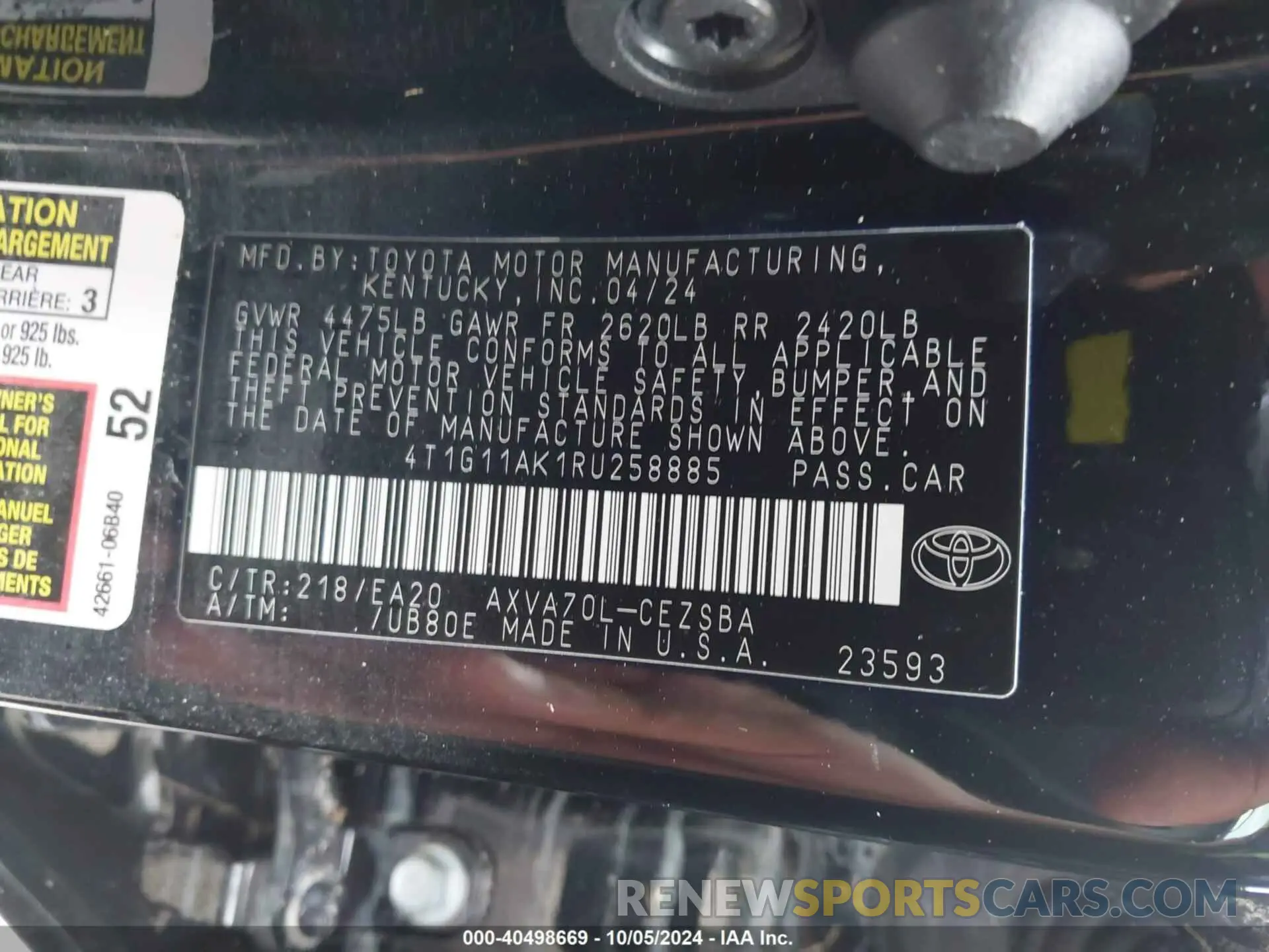 9 fotografías del automóvil dañado 4T1G11AK1RU258885 TOYOTA CAMRY 2024