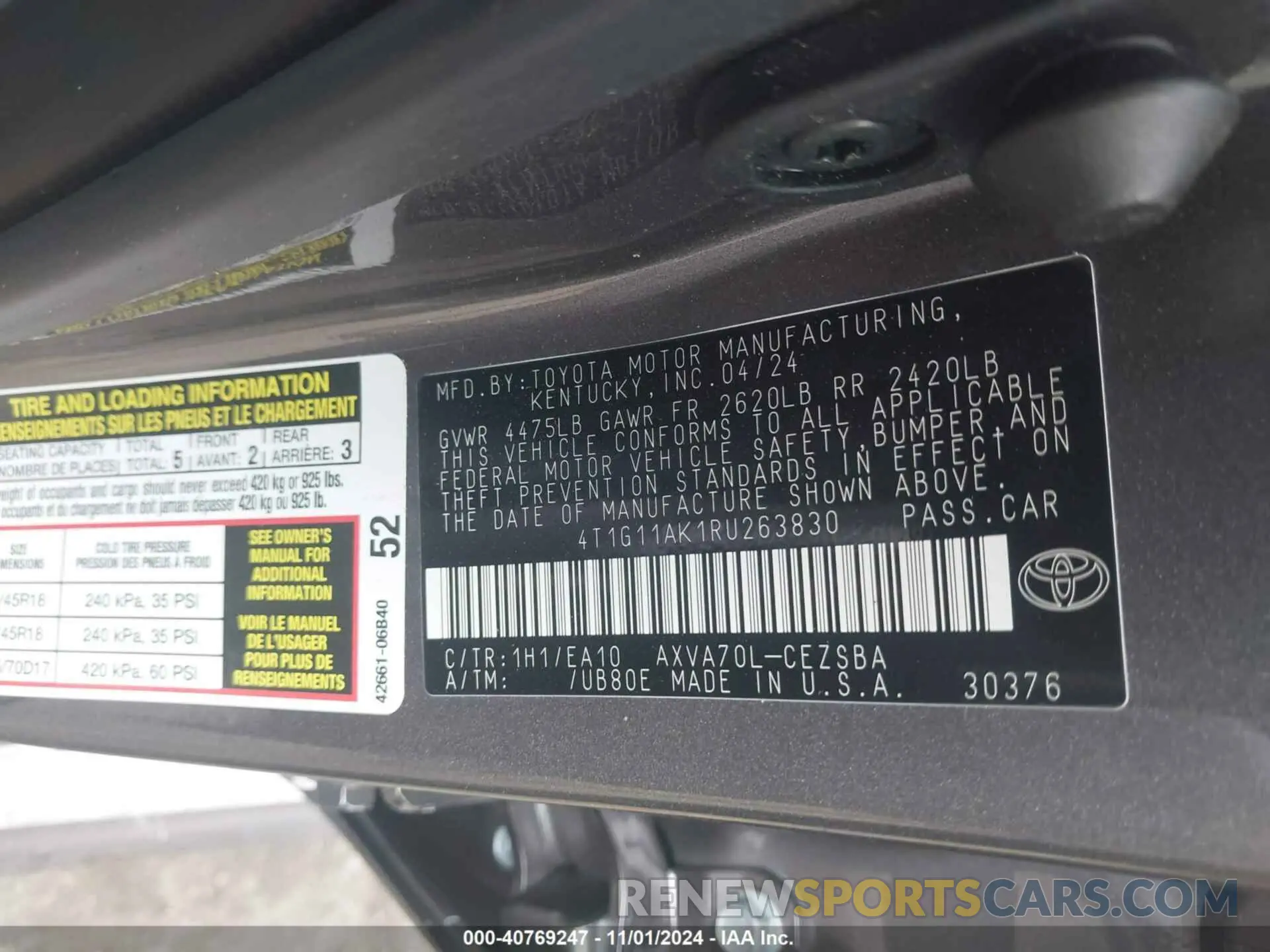 9 fotografías del automóvil dañado 4T1G11AK1RU263830 TOYOTA CAMRY 2024