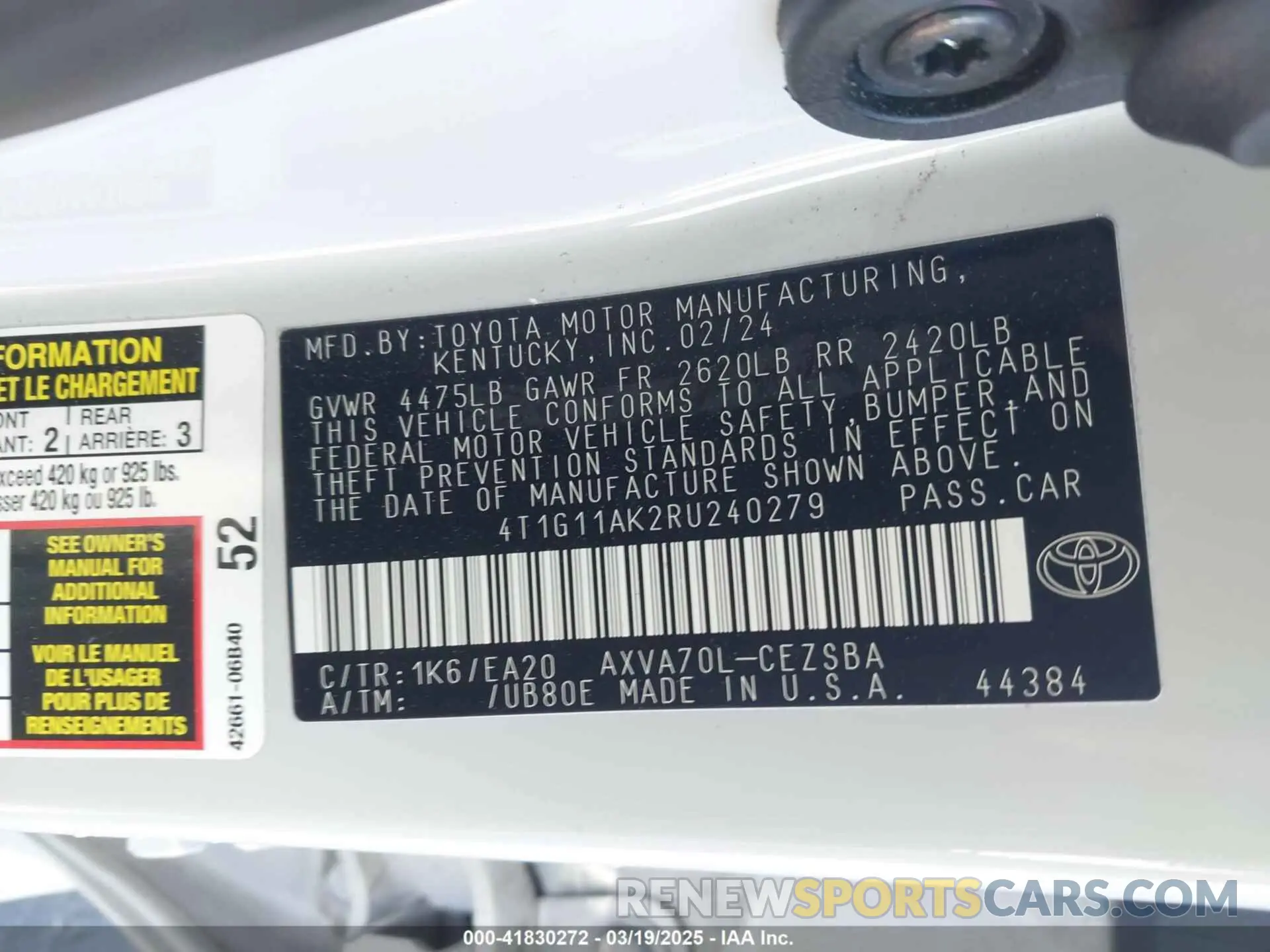 9 fotografías del automóvil dañado 4T1G11AK2RU240279 TOYOTA CAMRY 2024