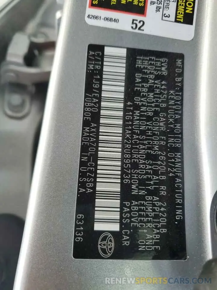 12 fotografías del automóvil dañado 4T1G11AK2RU895736 TOYOTA CAMRY 2024