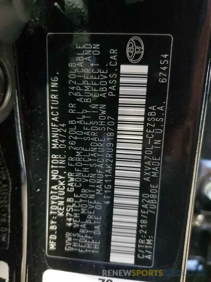 13 fotografías del automóvil dañado 4T1G11AK2RU918707 TOYOTA CAMRY 2024