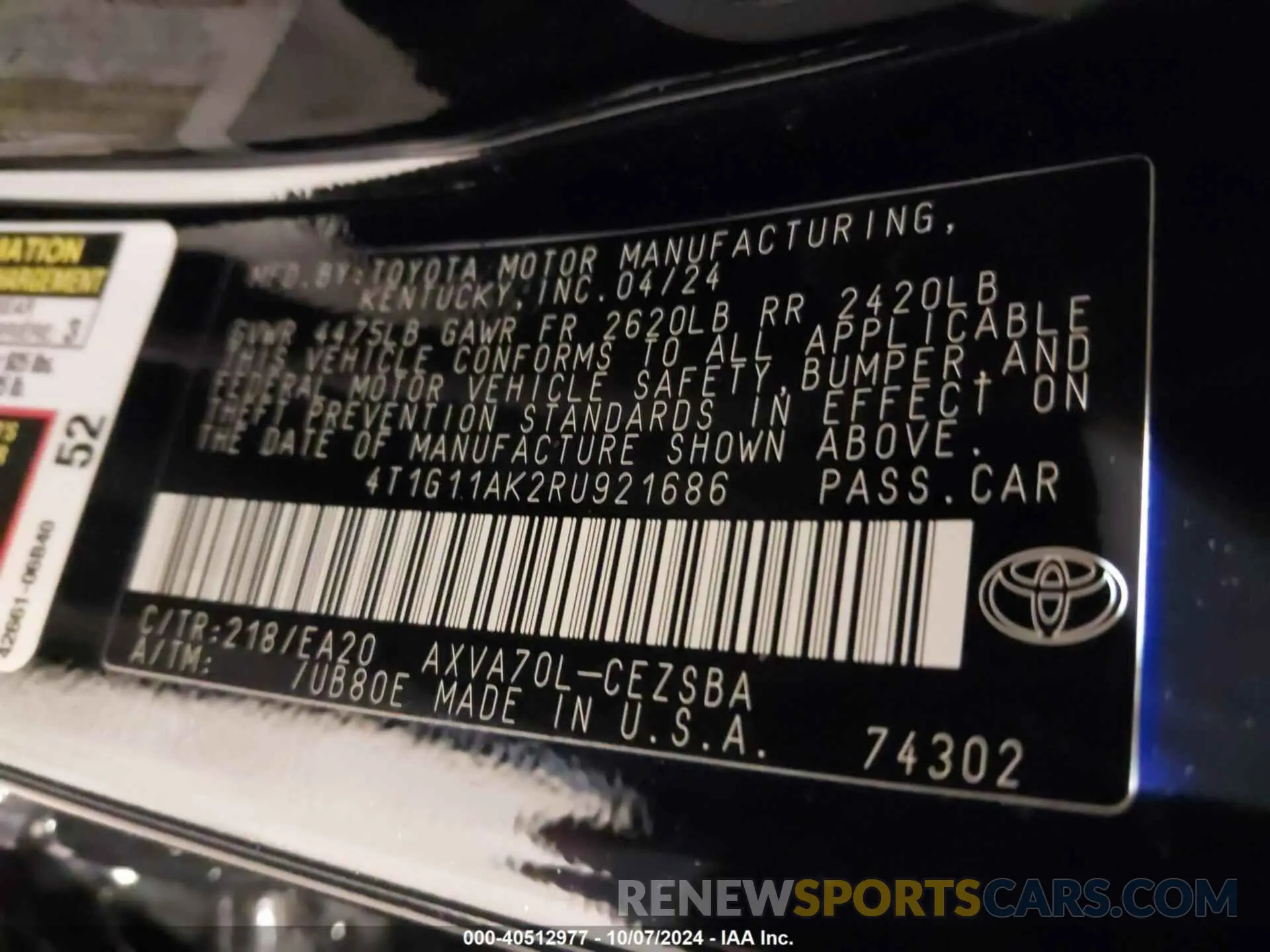 9 fotografías del automóvil dañado 4T1G11AK2RU921686 TOYOTA CAMRY 2024
