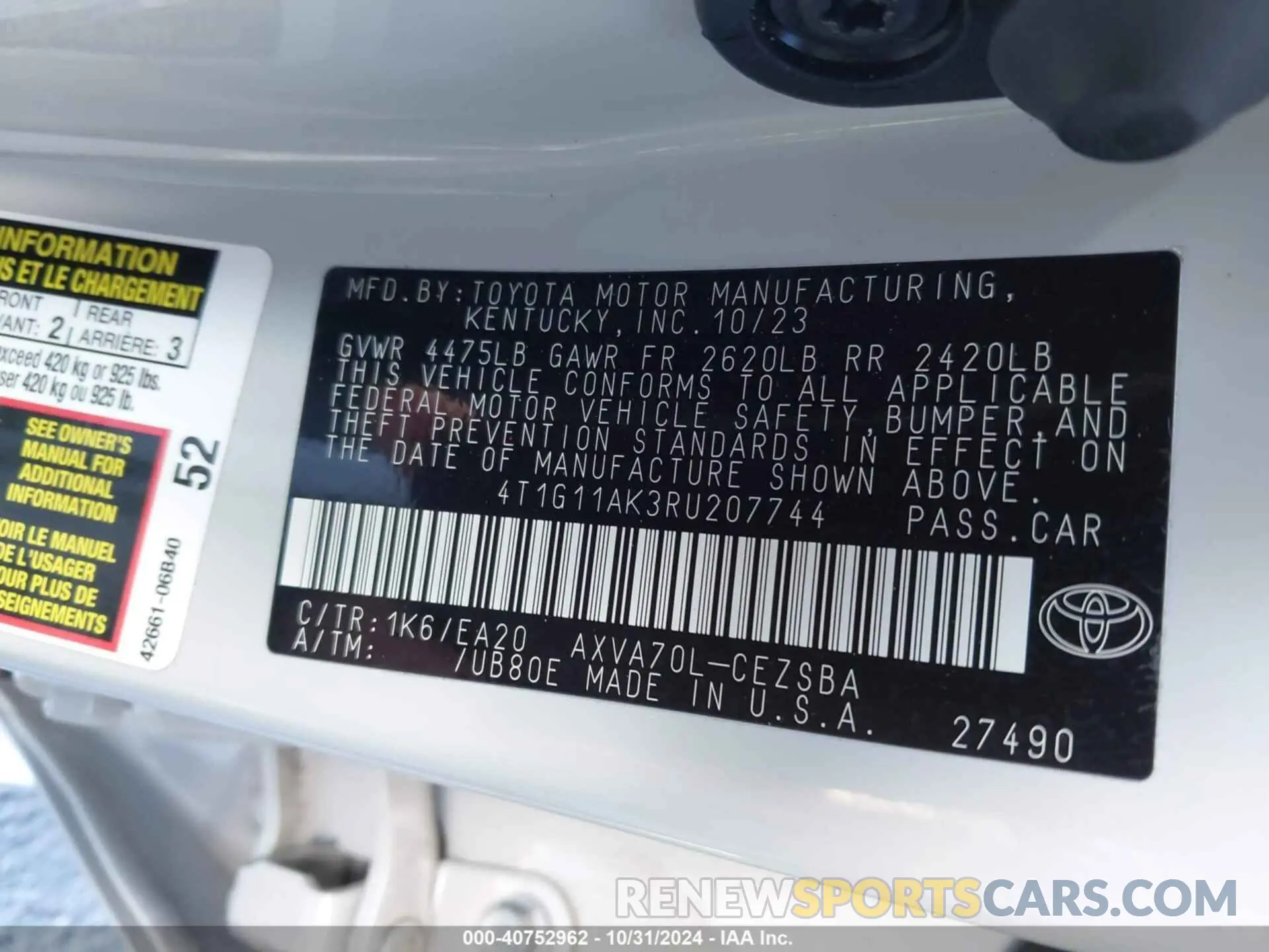 9 fotografías del automóvil dañado 4T1G11AK3RU207744 TOYOTA CAMRY 2024