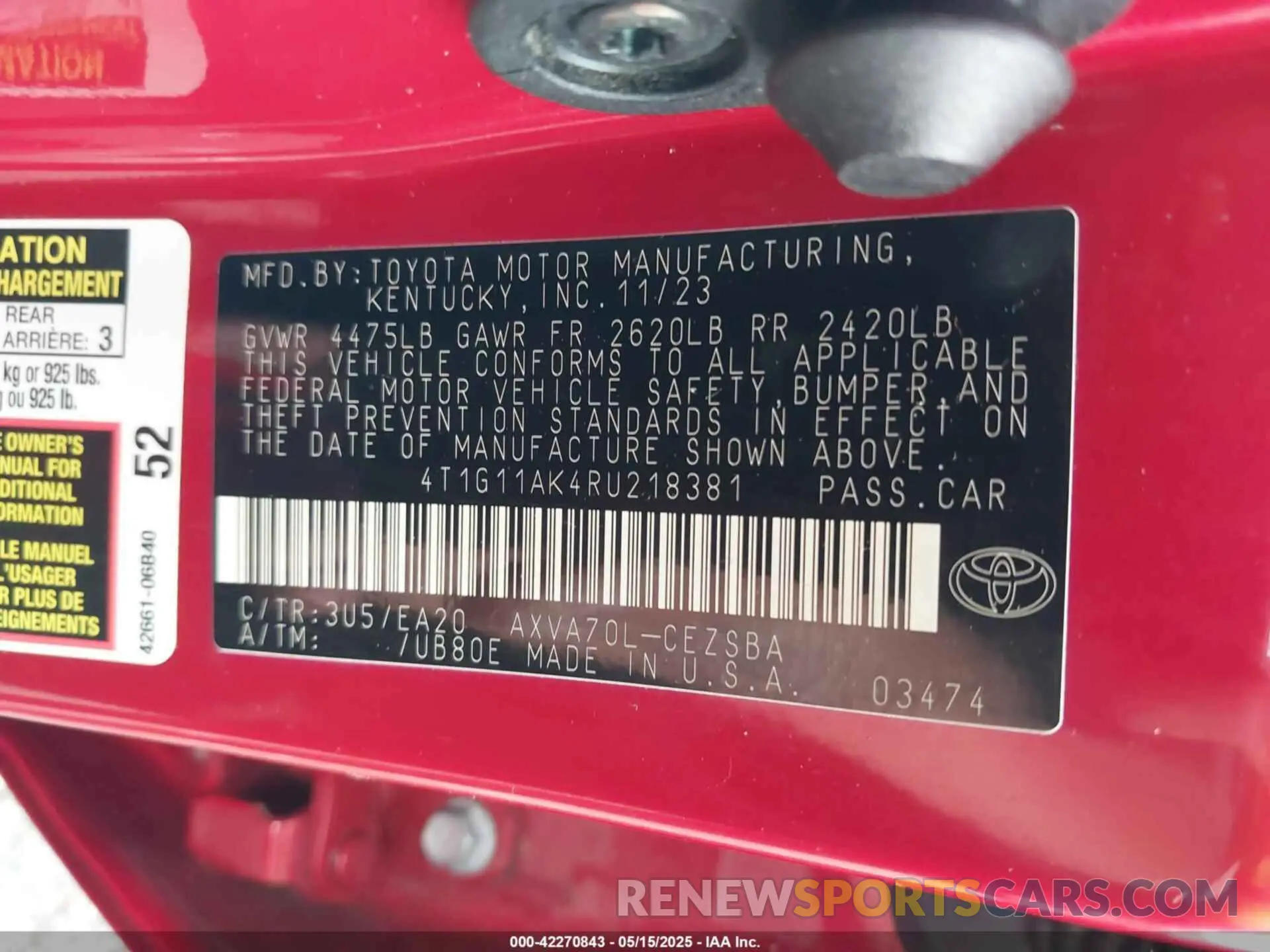 9 fotografías del automóvil dañado 4T1G11AK4RU218381 TOYOTA CAMRY 2024