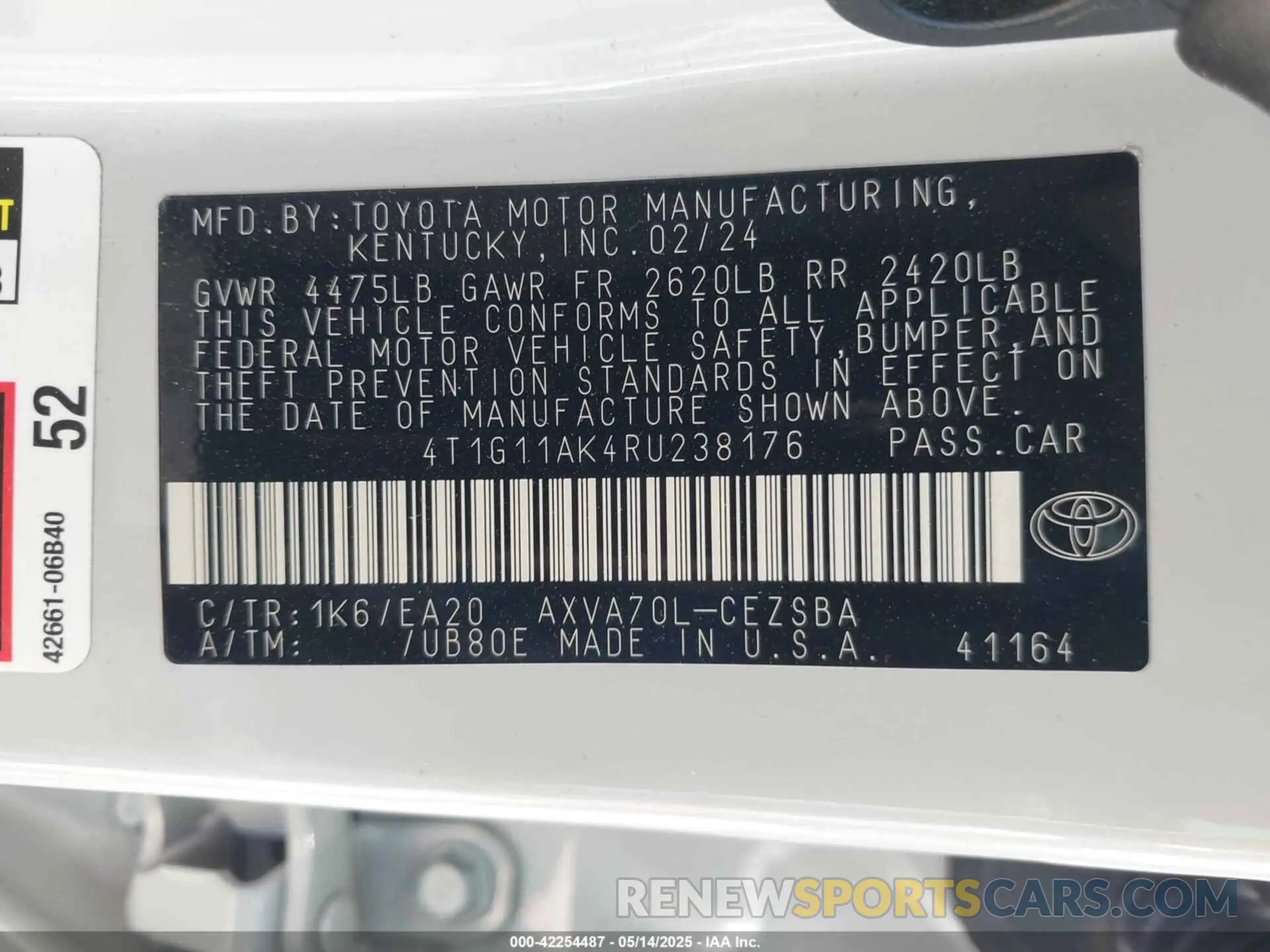 9 fotografías del automóvil dañado 4T1G11AK4RU238176 TOYOTA CAMRY 2024