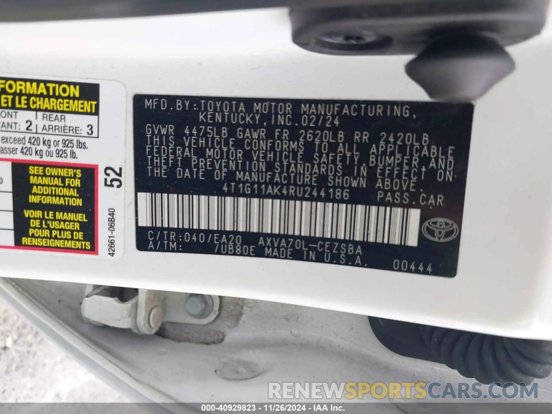 9 fotografías del automóvil dañado 4T1G11AK4RU244186 TOYOTA CAMRY 2024