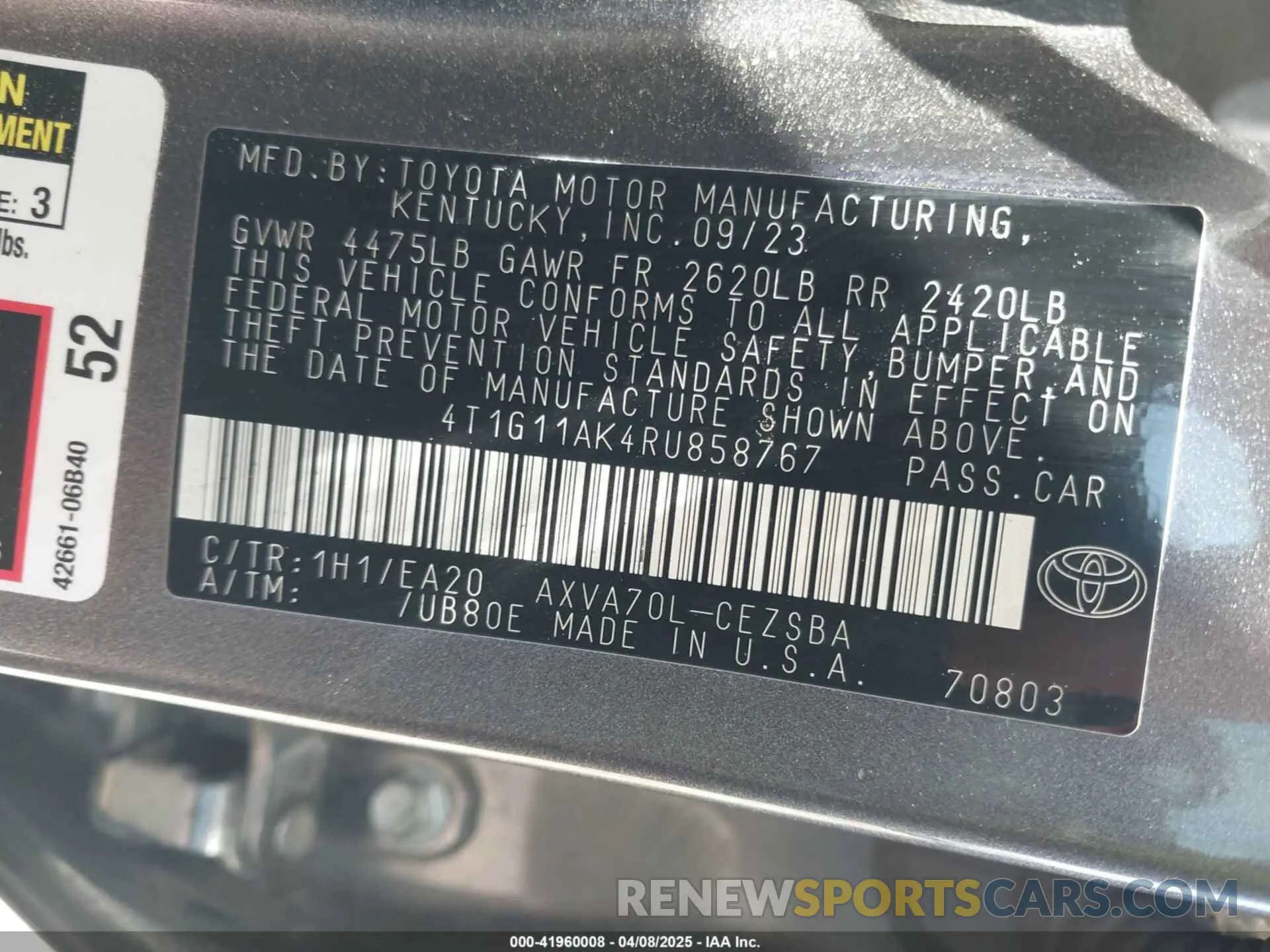 9 fotografías del automóvil dañado 4T1G11AK4RU858767 TOYOTA CAMRY 2024