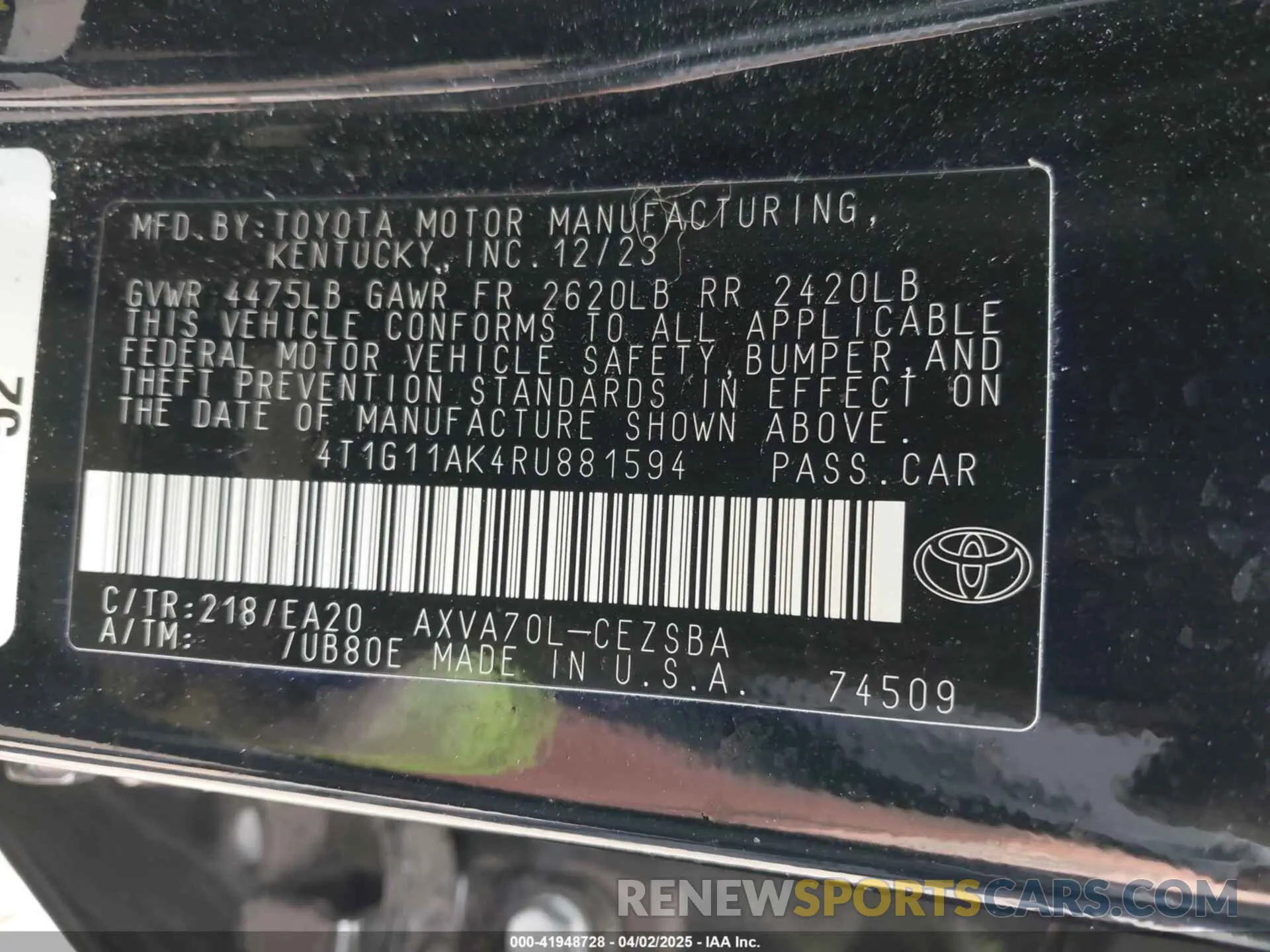 9 fotografías del automóvil dañado 4T1G11AK4RU881594 TOYOTA CAMRY 2024