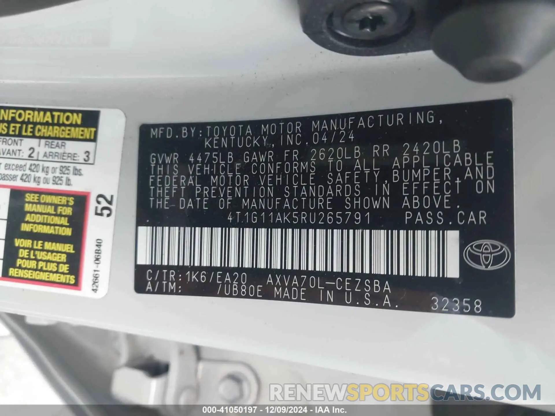 9 fotografías del automóvil dañado 4T1G11AK5RU265791 TOYOTA CAMRY 2024