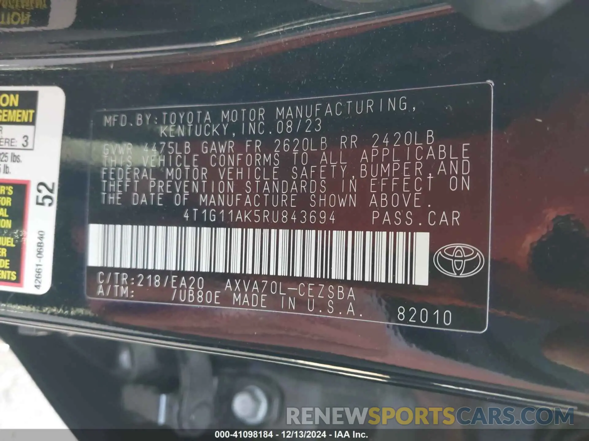 9 fotografías del automóvil dañado 4T1G11AK5RU843694 TOYOTA CAMRY 2024