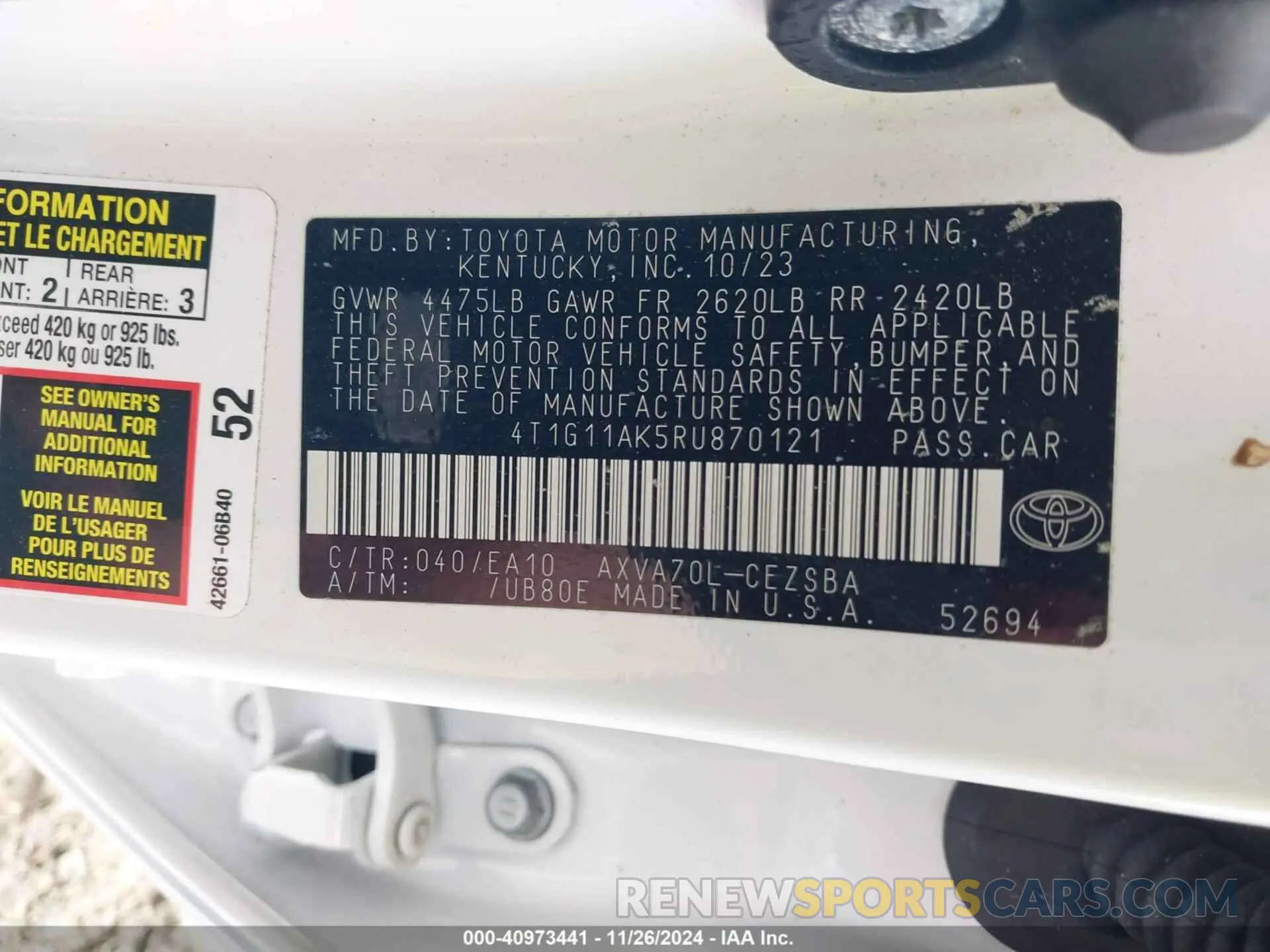 9 fotografías del automóvil dañado 4T1G11AK5RU870121 TOYOTA CAMRY 2024