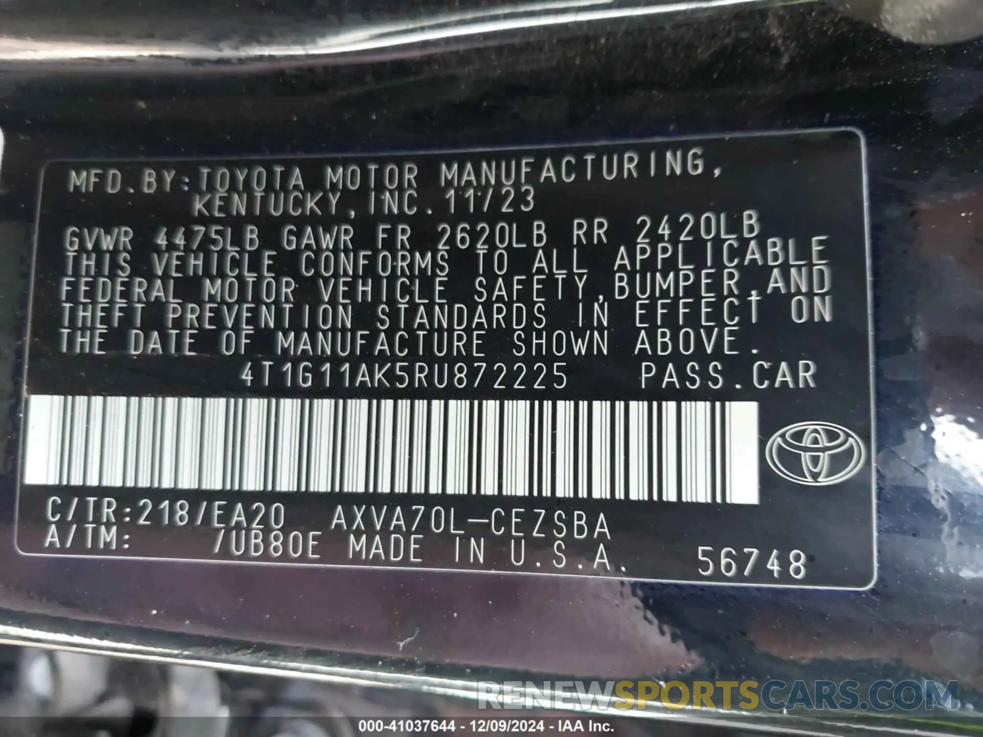 9 fotografías del automóvil dañado 4T1G11AK5RU872225 TOYOTA CAMRY 2024