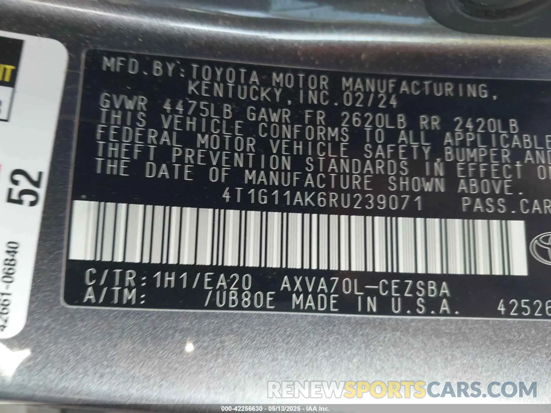 9 fotografías del automóvil dañado 4T1G11AK6RU239071 TOYOTA CAMRY 2024