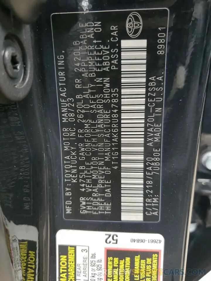 12 fotografías del automóvil dañado 4T1G11AK6RU847835 TOYOTA CAMRY 2024