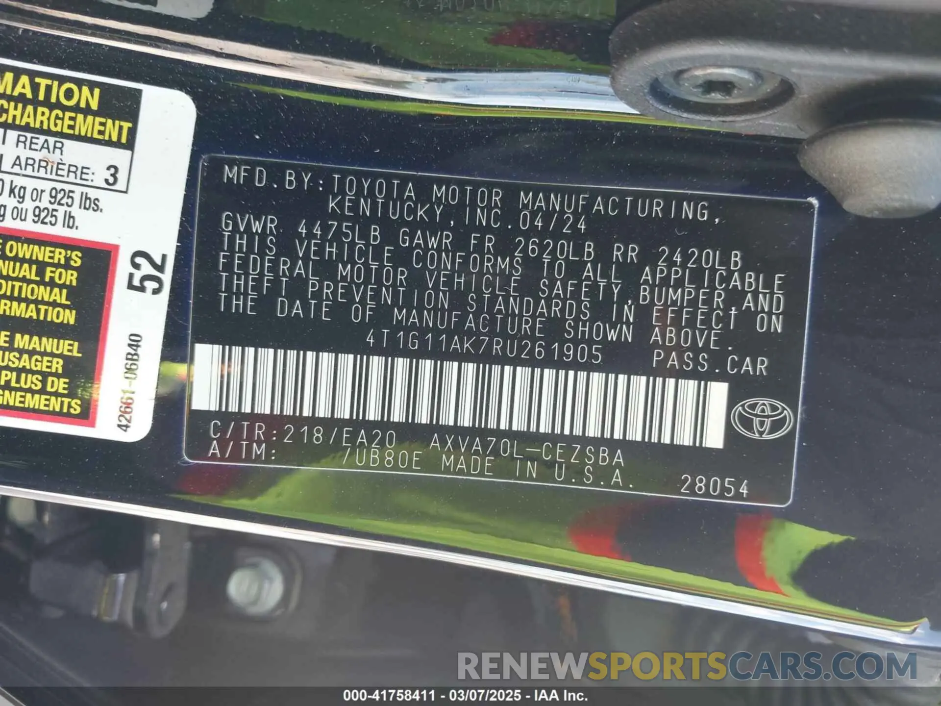 9 fotografías del automóvil dañado 4T1G11AK7RU261905 TOYOTA CAMRY 2024