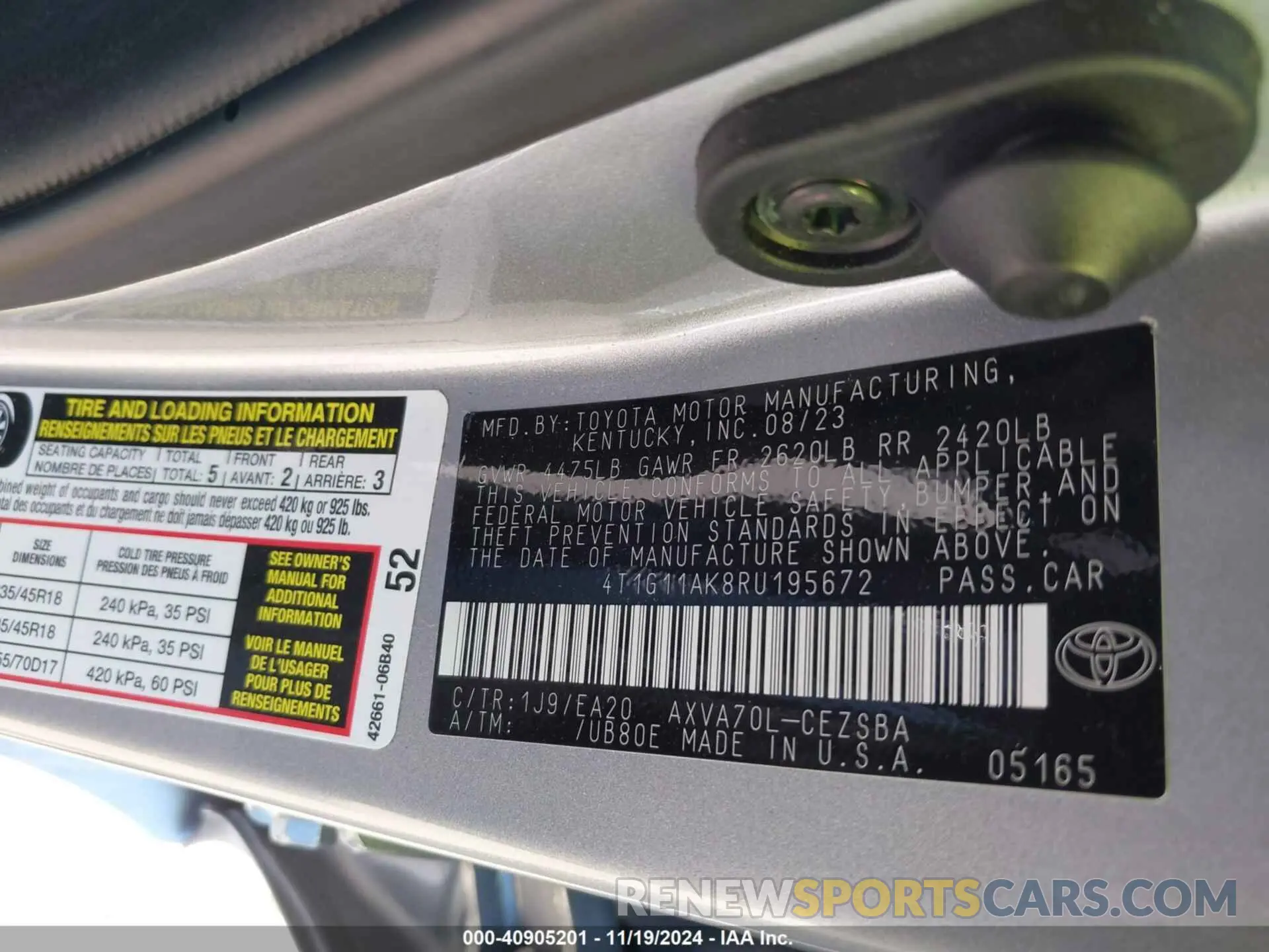 9 fotografías del automóvil dañado 4T1G11AK8RU195672 TOYOTA CAMRY 2024