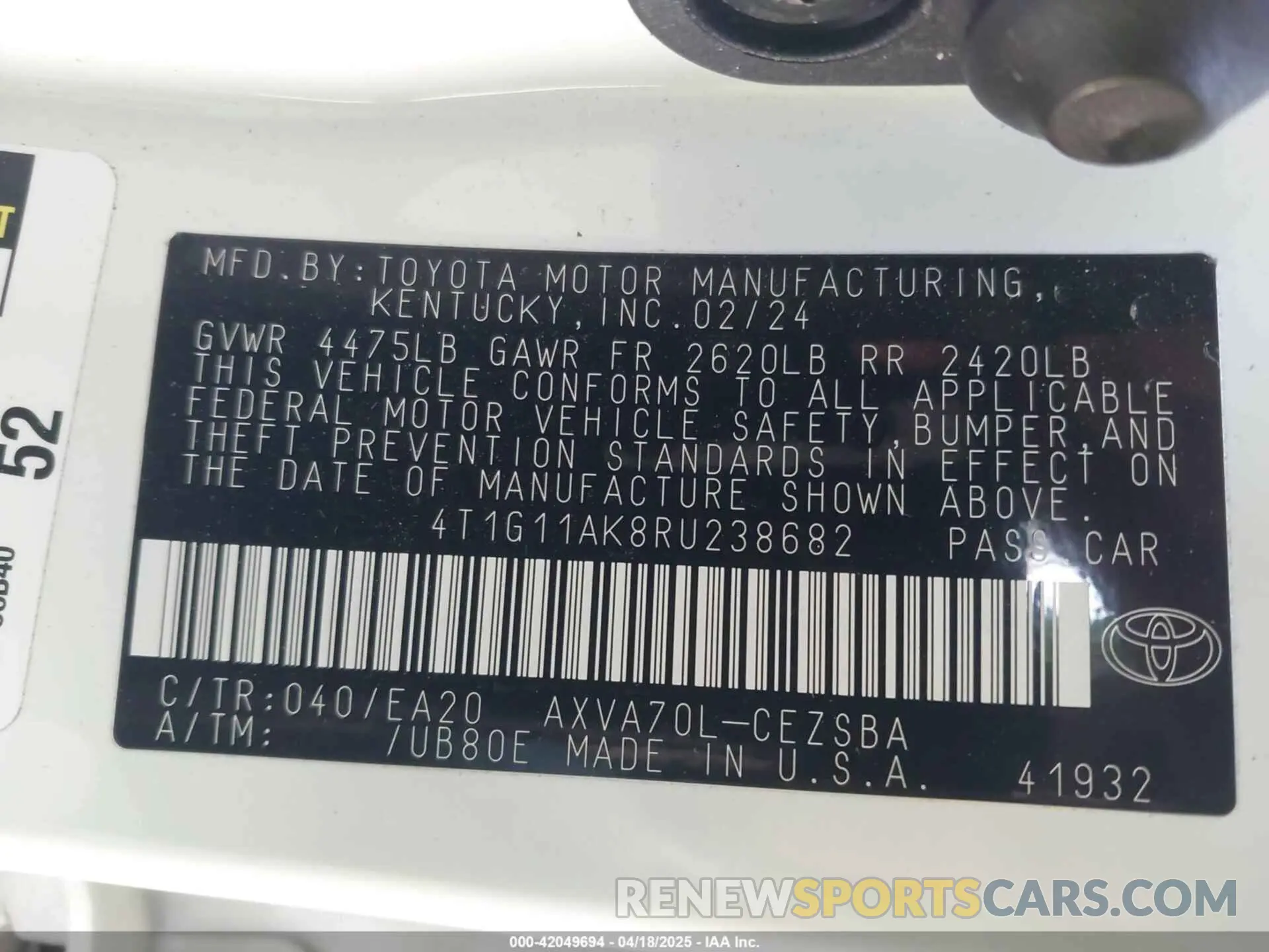 9 fotografías del automóvil dañado 4T1G11AK8RU238682 TOYOTA CAMRY 2024