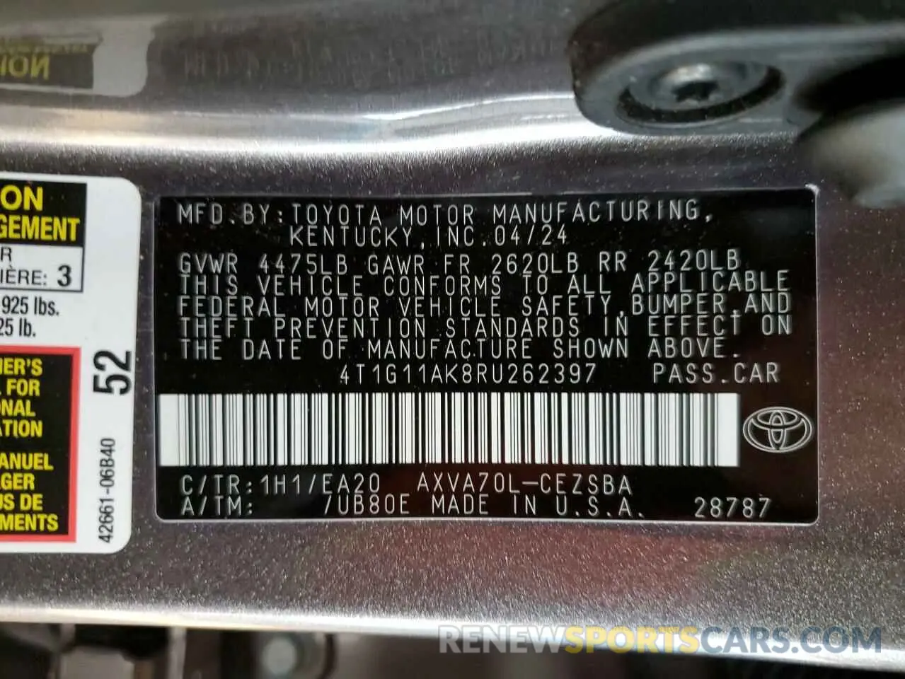 12 fotografías del automóvil dañado 4T1G11AK8RU262397 TOYOTA CAMRY 2024