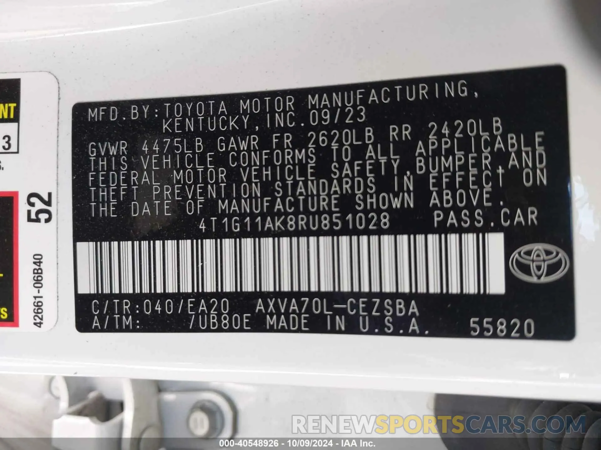 9 fotografías del automóvil dañado 4T1G11AK8RU851028 TOYOTA CAMRY 2024