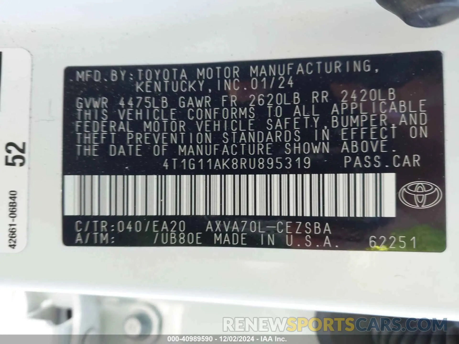 9 fotografías del automóvil dañado 4T1G11AK8RU895319 TOYOTA CAMRY 2024