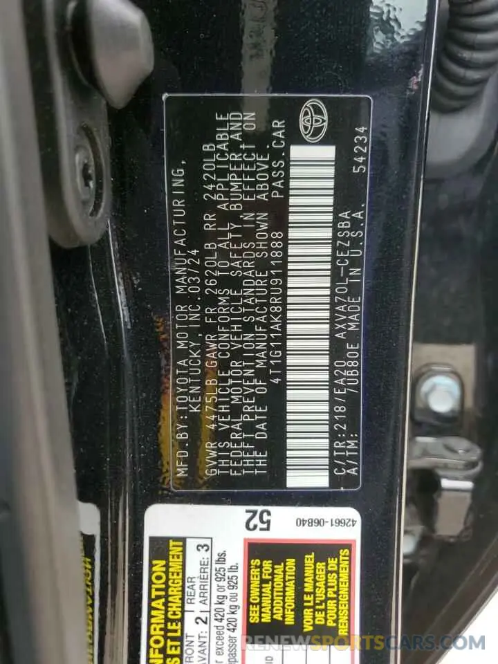 12 fotografías del automóvil dañado 4T1G11AK8RU911888 TOYOTA CAMRY 2024