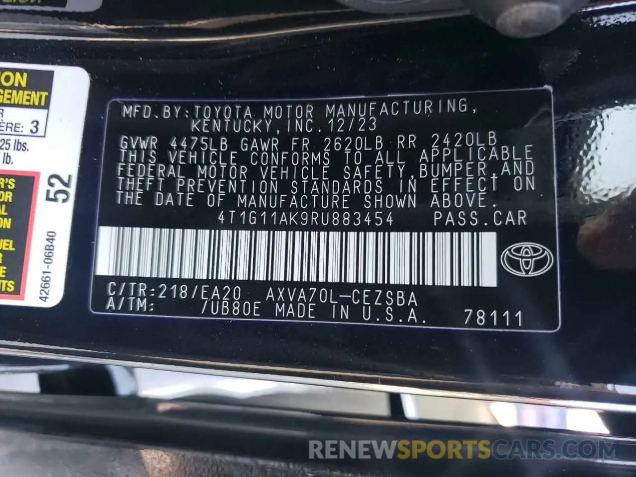 13 fotografías del automóvil dañado 4T1G11AK9RU883454 TOYOTA CAMRY 2024