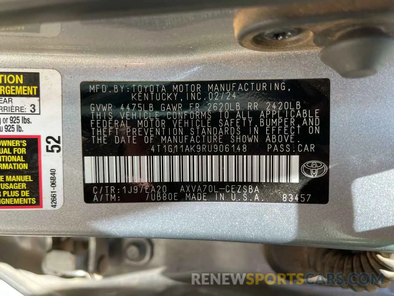 10 fotografías del automóvil dañado 4T1G11AK9RU906148 TOYOTA CAMRY 2024