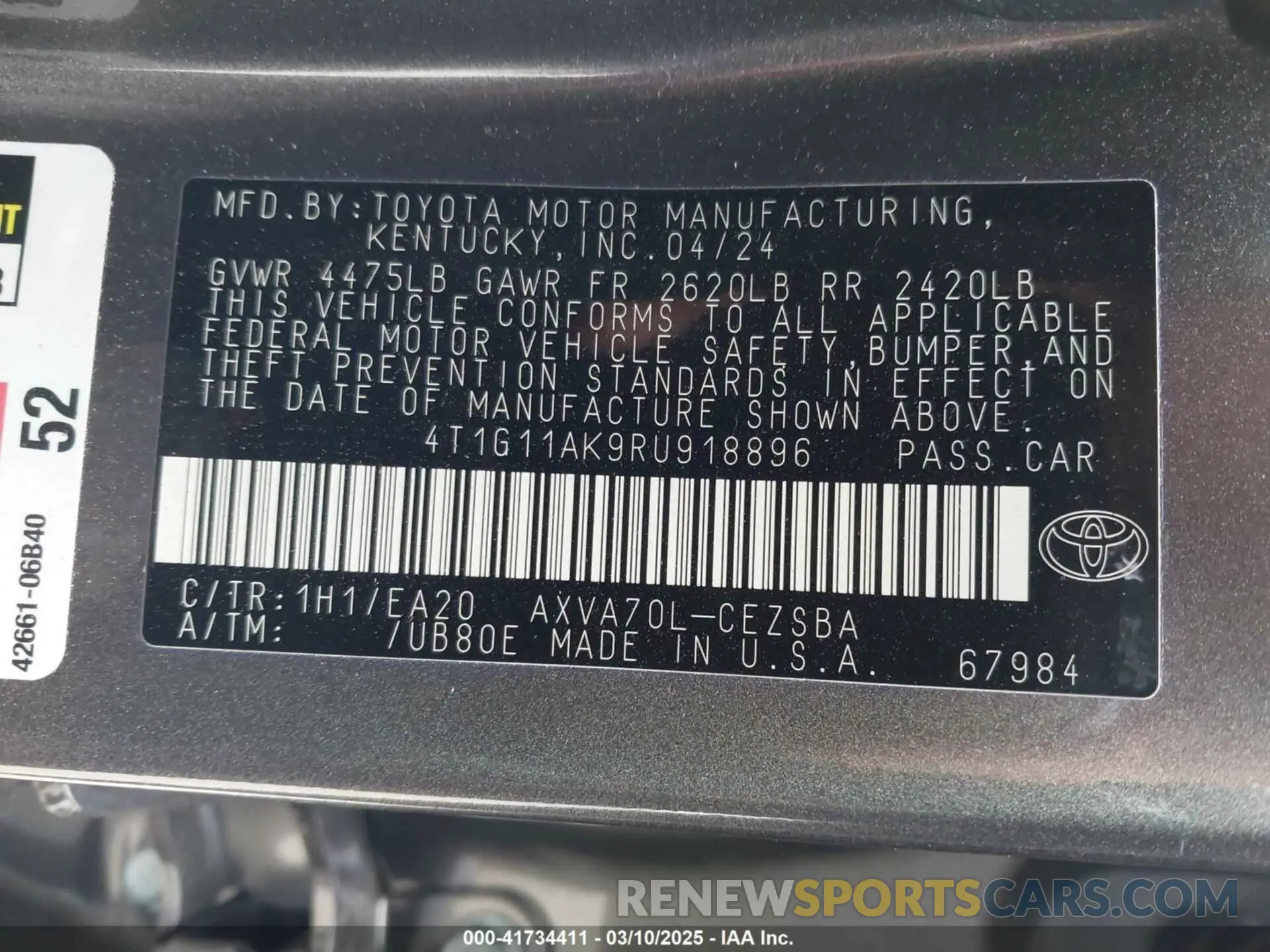 9 fotografías del automóvil dañado 4T1G11AK9RU918896 TOYOTA CAMRY 2024