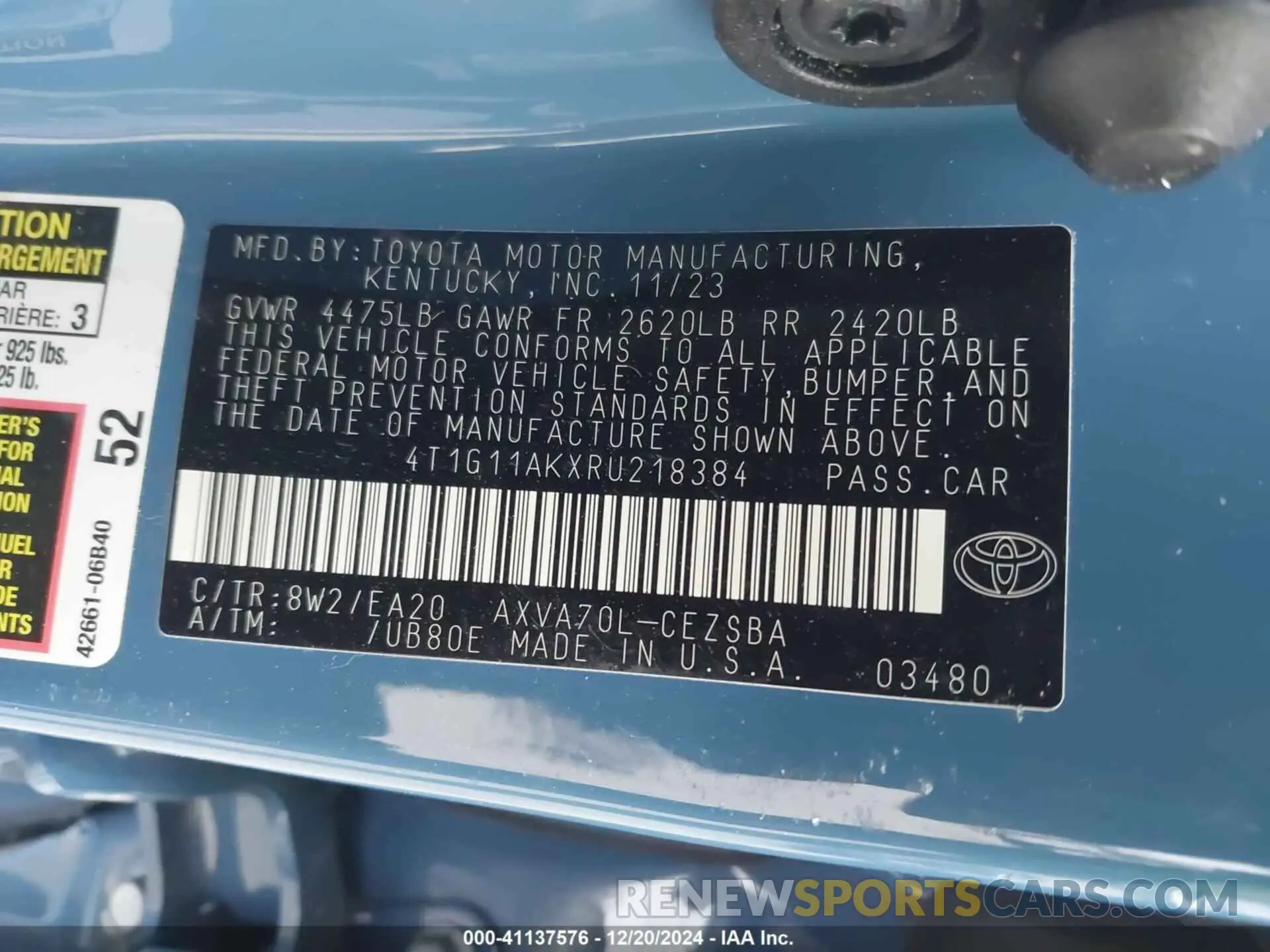 9 fotografías del automóvil dañado 4T1G11AKXRU218384 TOYOTA CAMRY 2024