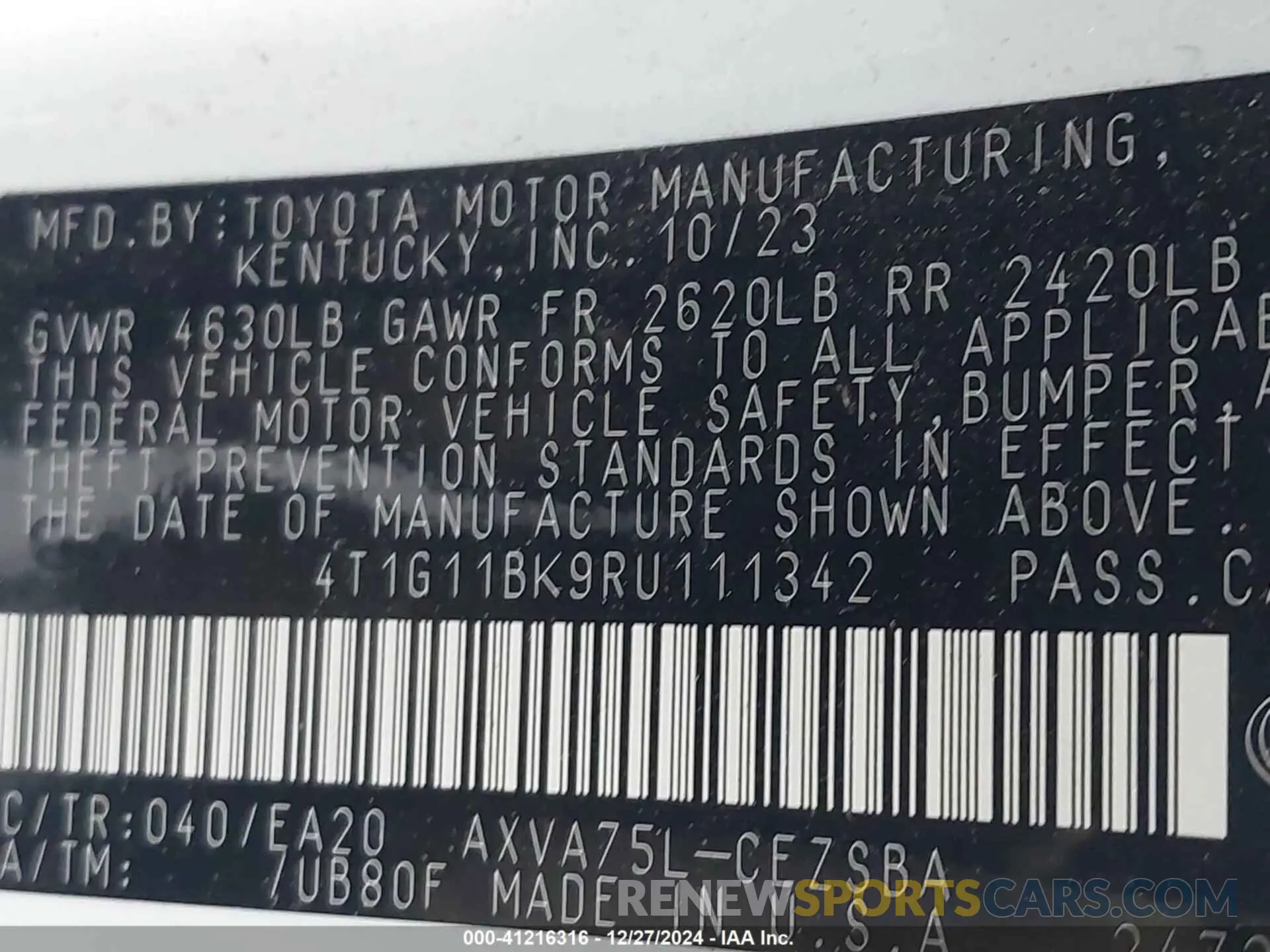 9 fotografías del automóvil dañado 4T1G11BK9RU111342 TOYOTA CAMRY 2024