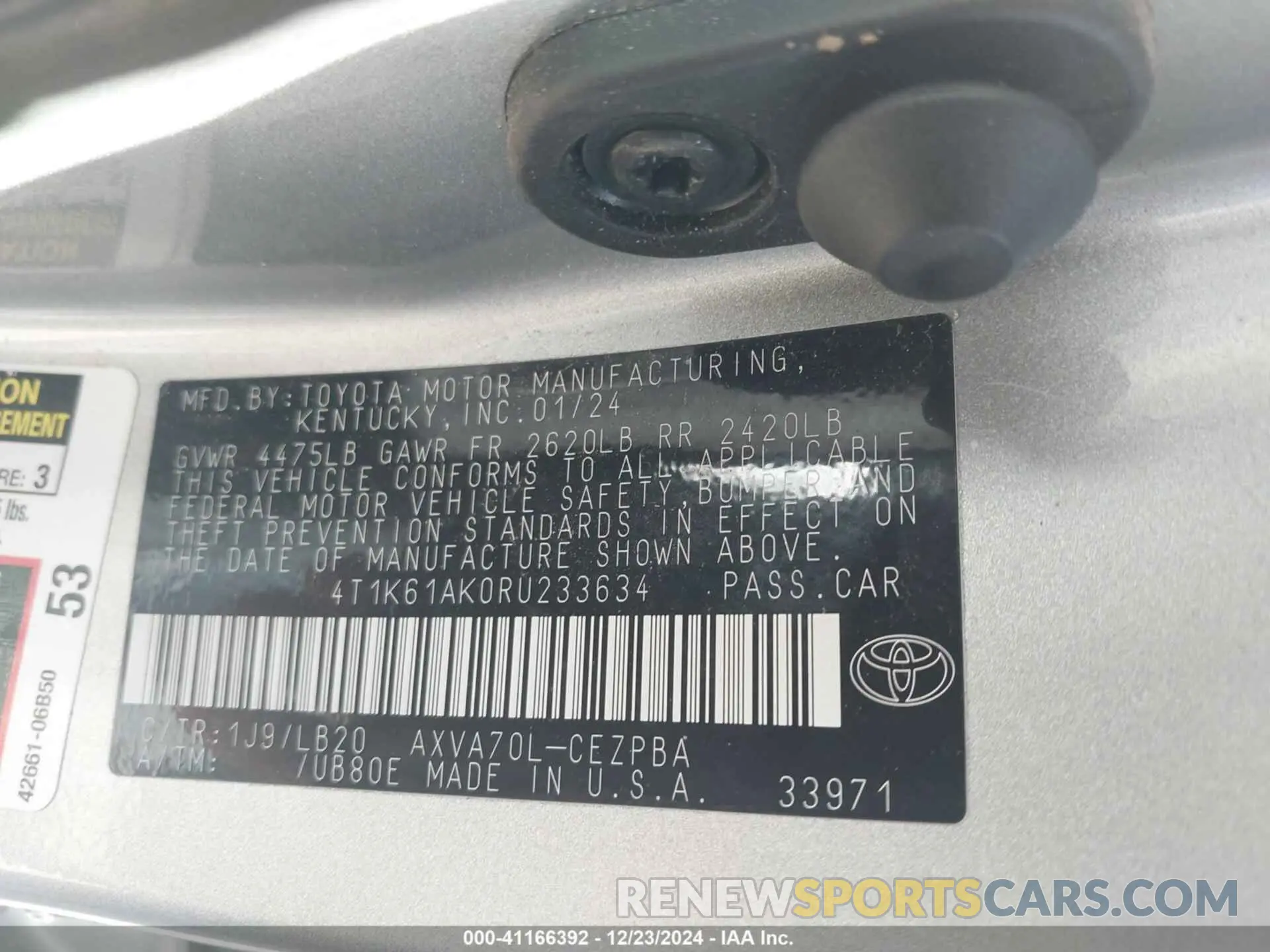 9 fotografías del automóvil dañado 4T1K61AK0RU233634 TOYOTA CAMRY 2024