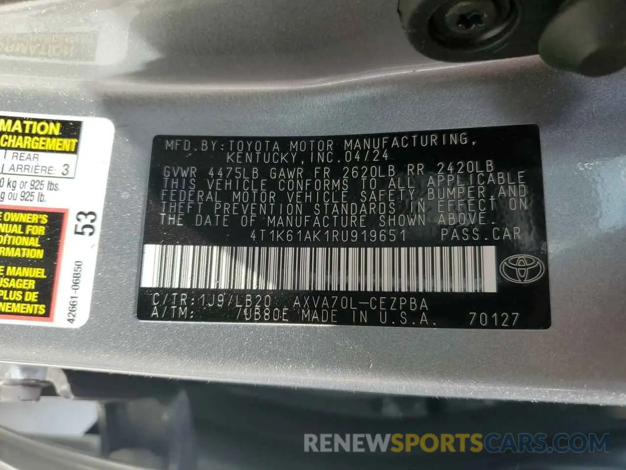 12 fotografías del automóvil dañado 4T1K61AK1RU919651 TOYOTA CAMRY 2024