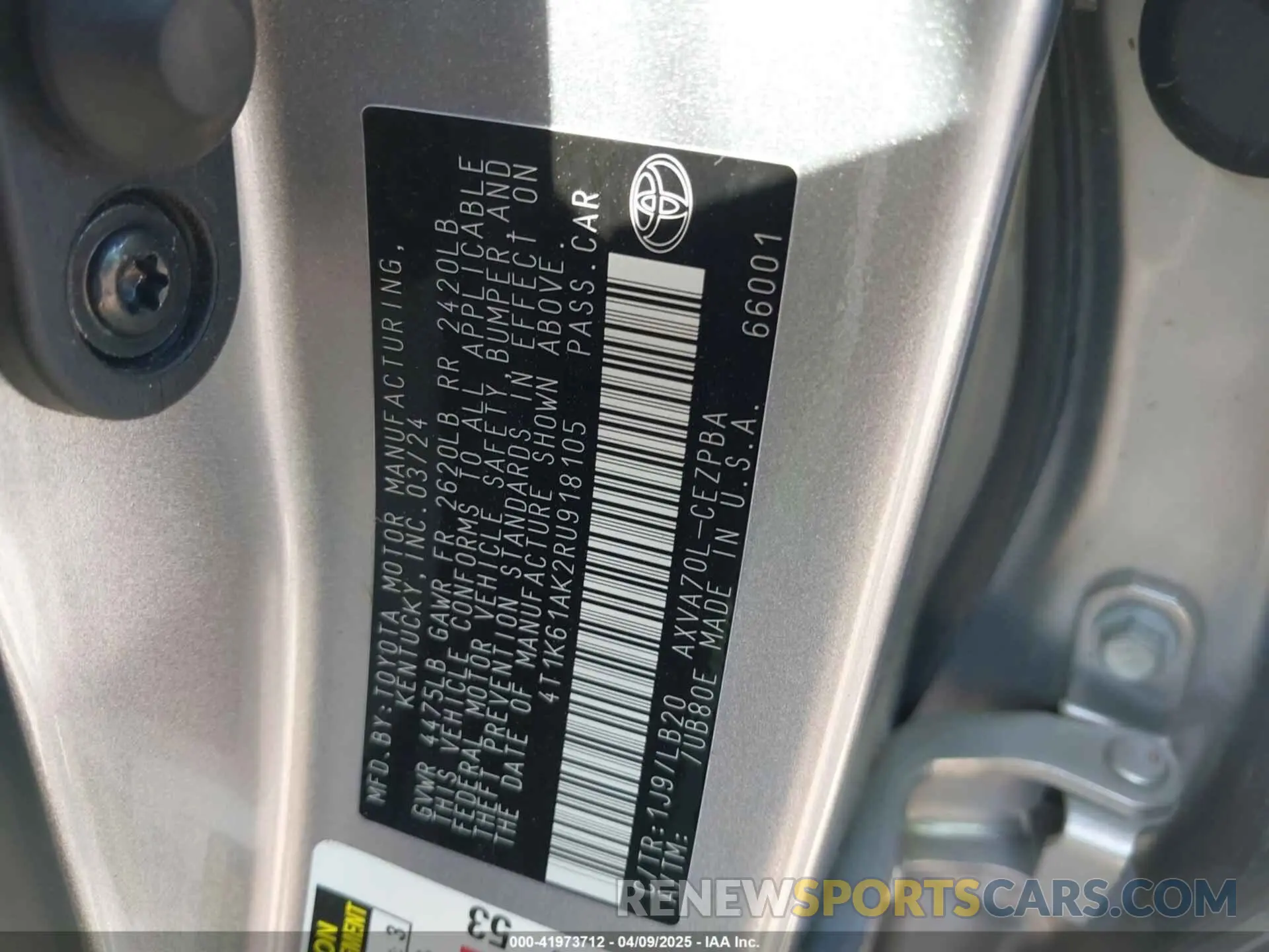 9 fotografías del automóvil dañado 4T1K61AK2RU918105 TOYOTA CAMRY 2024