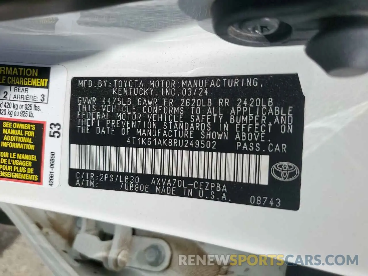 12 fotografías del automóvil dañado 4T1K61AK8RU249502 TOYOTA CAMRY 2024