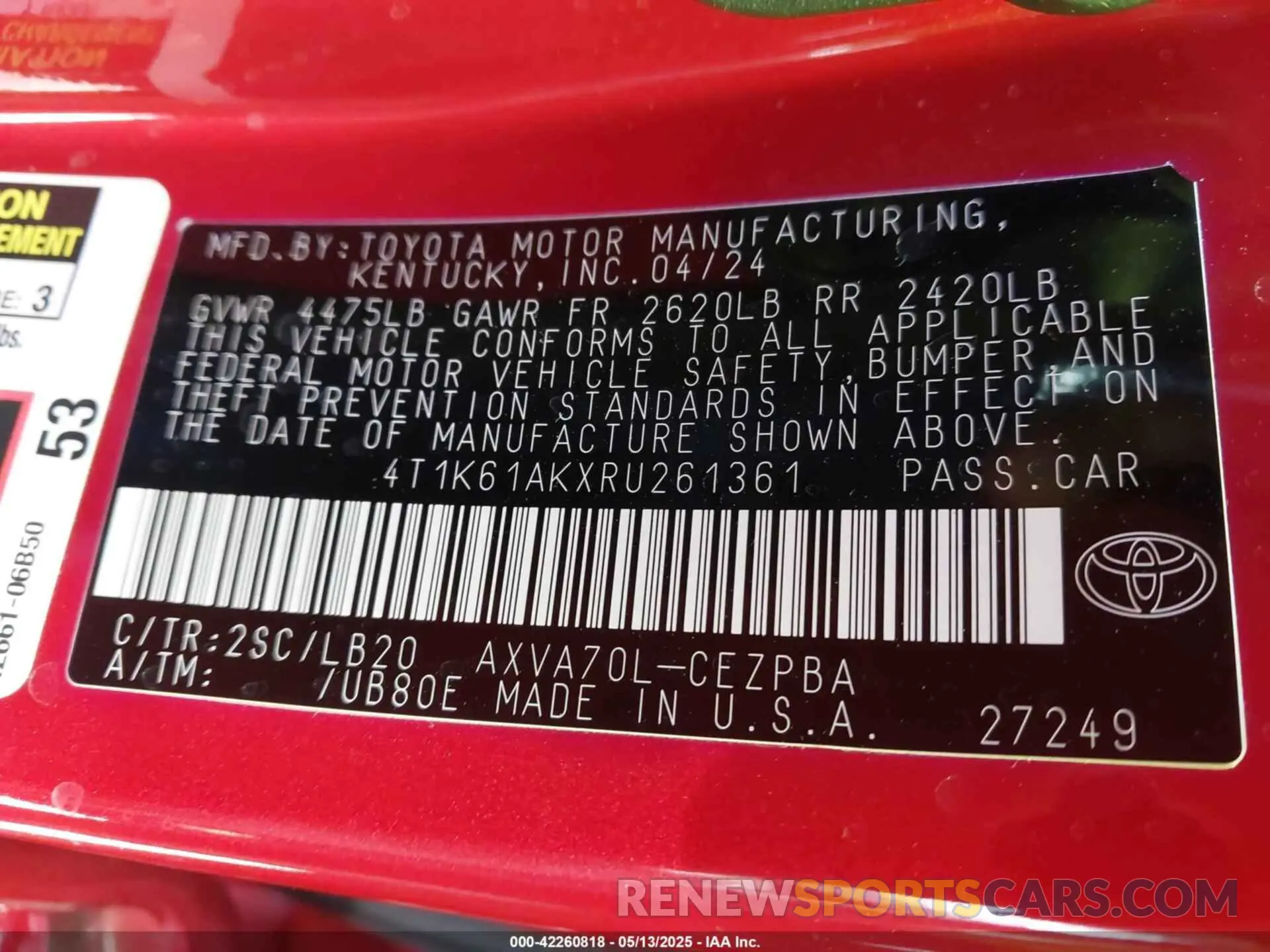 9 fotografías del automóvil dañado 4T1K61AKXRU261361 TOYOTA CAMRY 2024