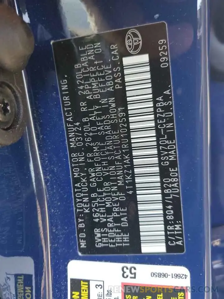 12 fotografías del automóvil dañado 4T1KZ1AK1RU102591 TOYOTA CAMRY 2024